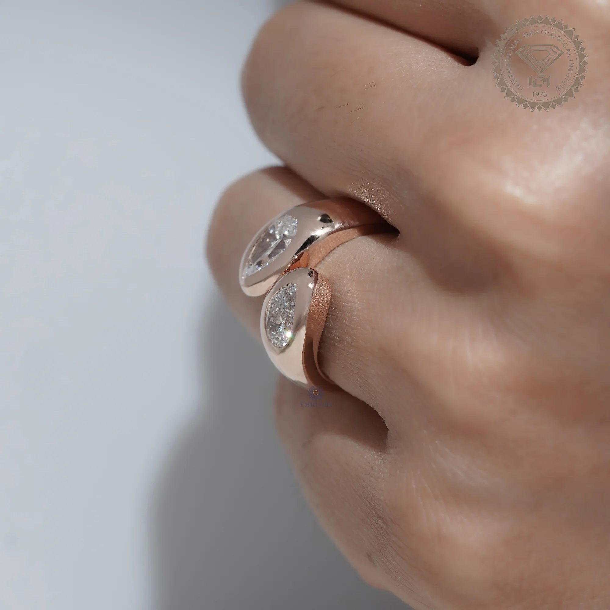 Pear Shape Bezel Lab Grown Diamond Toi et Moi Ring, Modern Open Wrap Engagement Ring, 14K Rose Gold Statement Ring — view 11