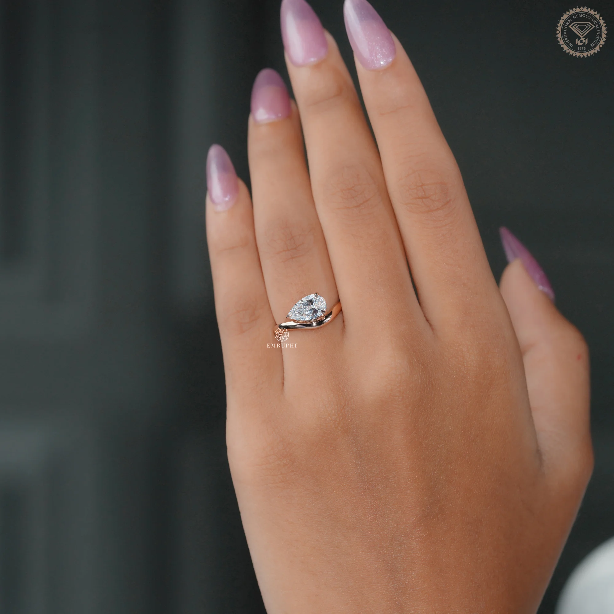 1 CT Pear Cut Lab Grown Diamond Engagement Ring, Curved Solitaire Ring — view 13