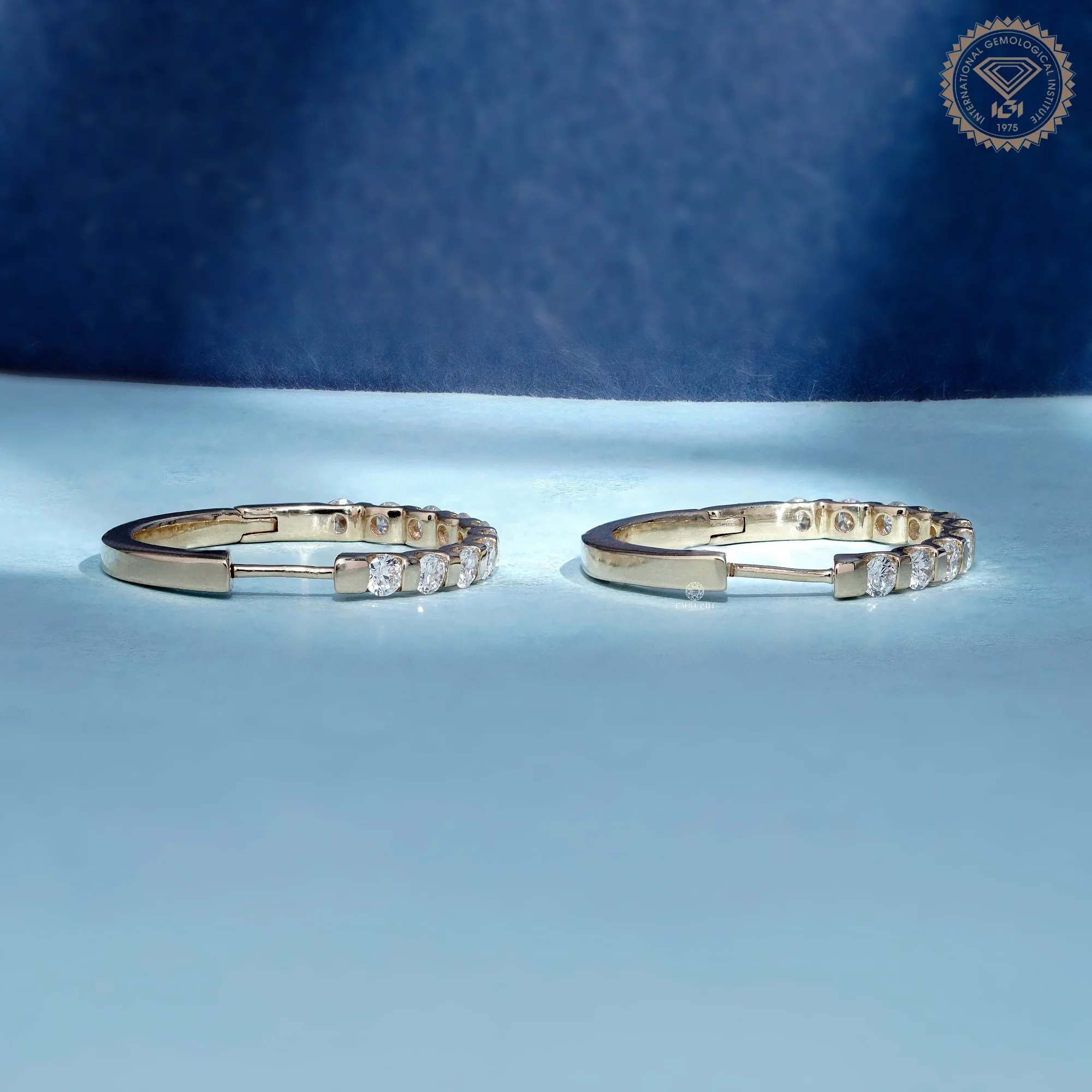 Round Cut Gold Hoop Earrings, Sustainable Dangle Pave Hoops, Channel Set Gold Hoops — view 3