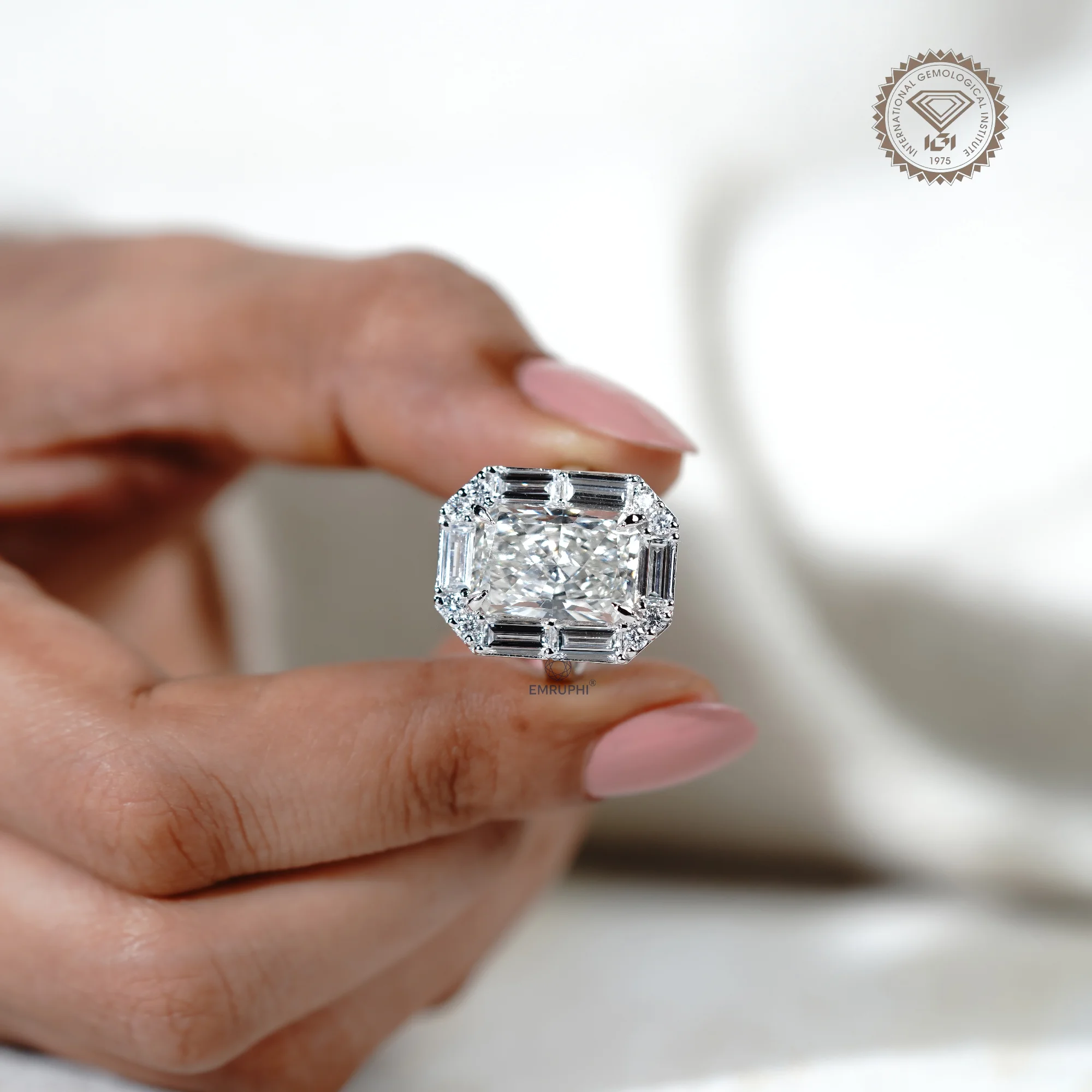 Radiant Cut Lab Grown Halo Diamond Ring, Baguette Diamond Halo Wedding Ring, Conflict Free Diamond — view 5