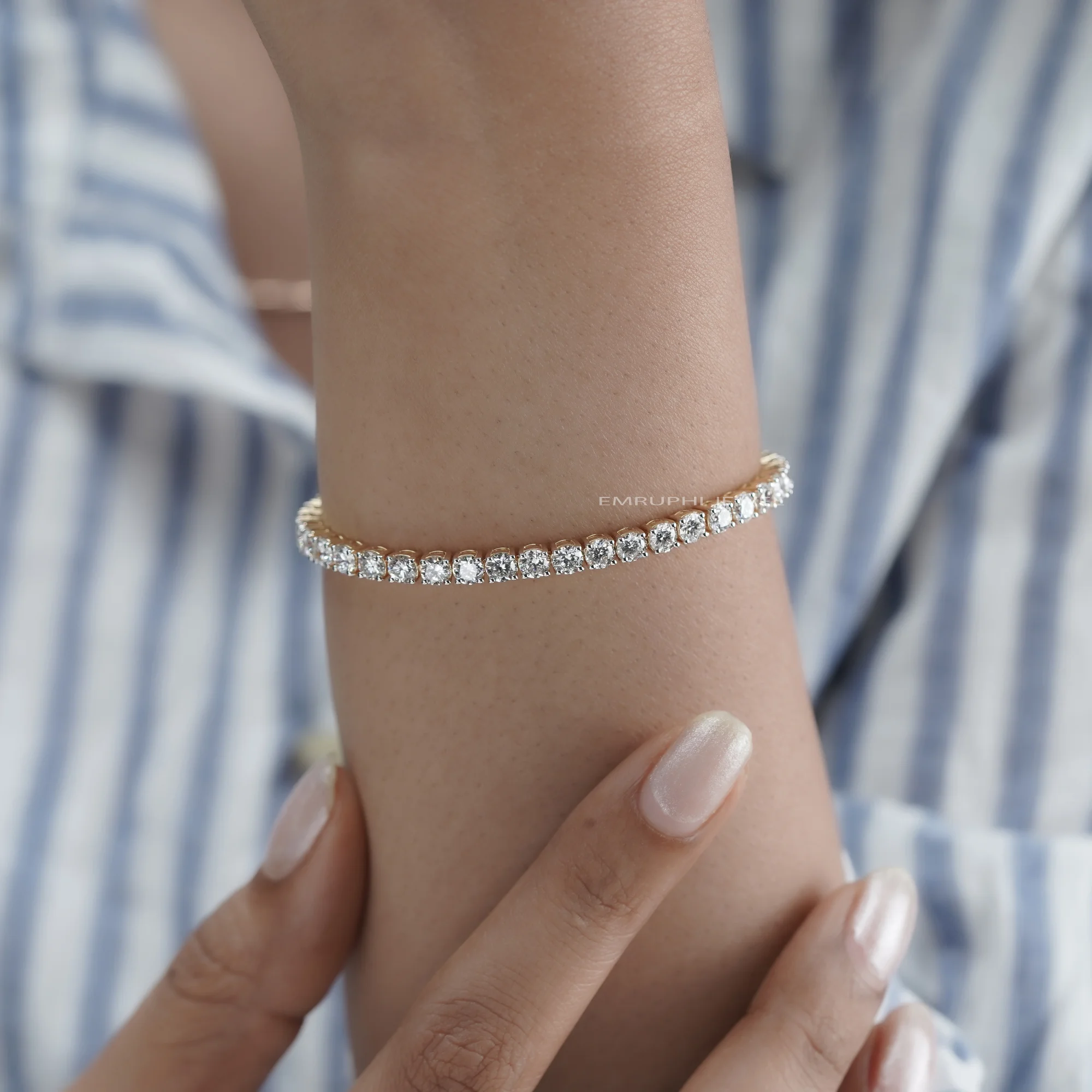 Round Cut Lab Grown Diamond Tennis Bracelet, Classic Yellow Gold Diamond Bracelet — view 8