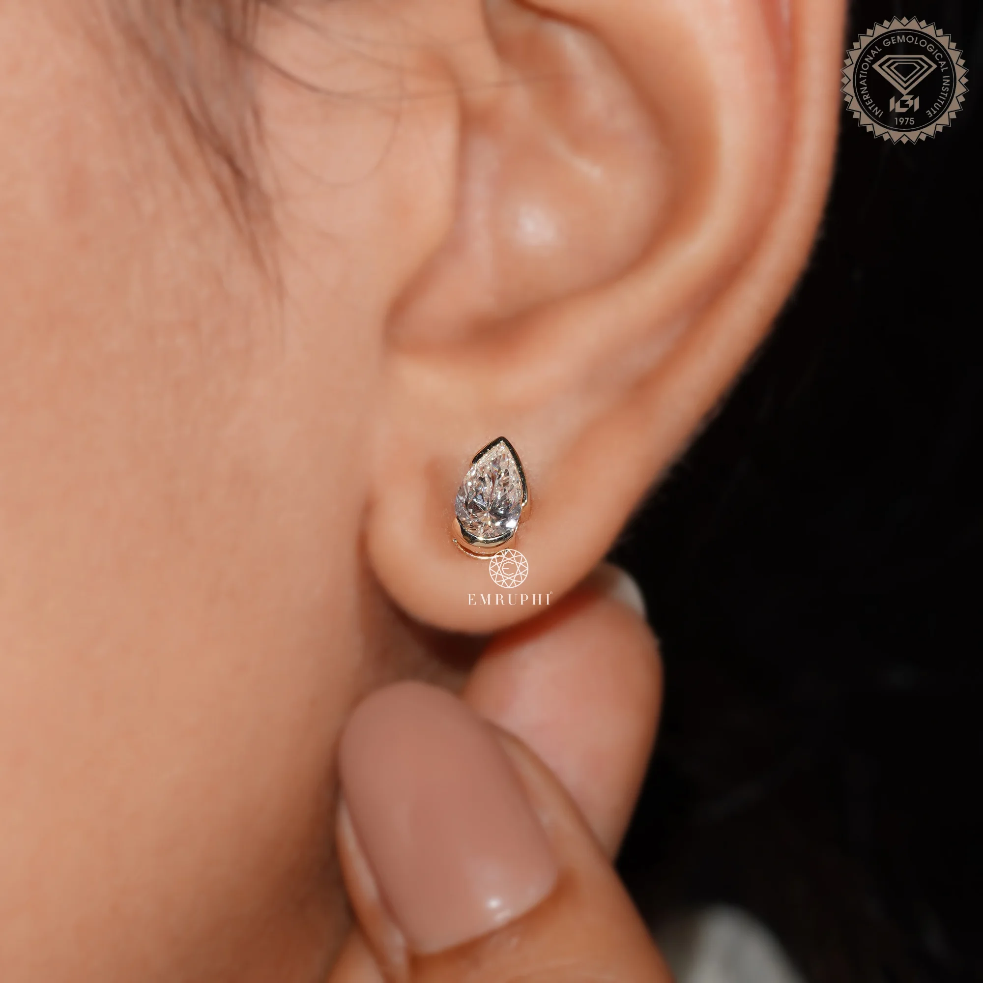 1.00 TCW Pear Shape Lab Grown Diamond Earrings, Half Bezel Set Stud — view 8