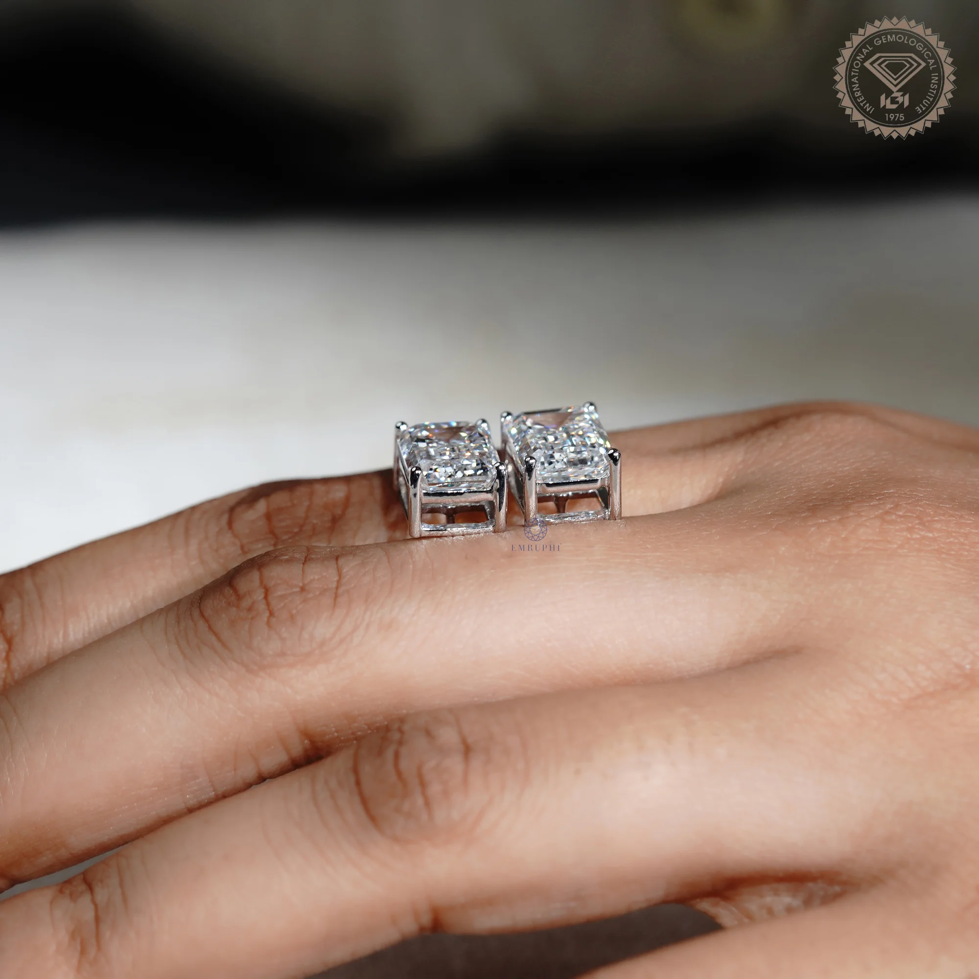 10.00 Tcw Emerald Solitaire Earrings, 14k Gold Prong Setting Emerald Cut Lab Grown Diamond Studs, — view 7