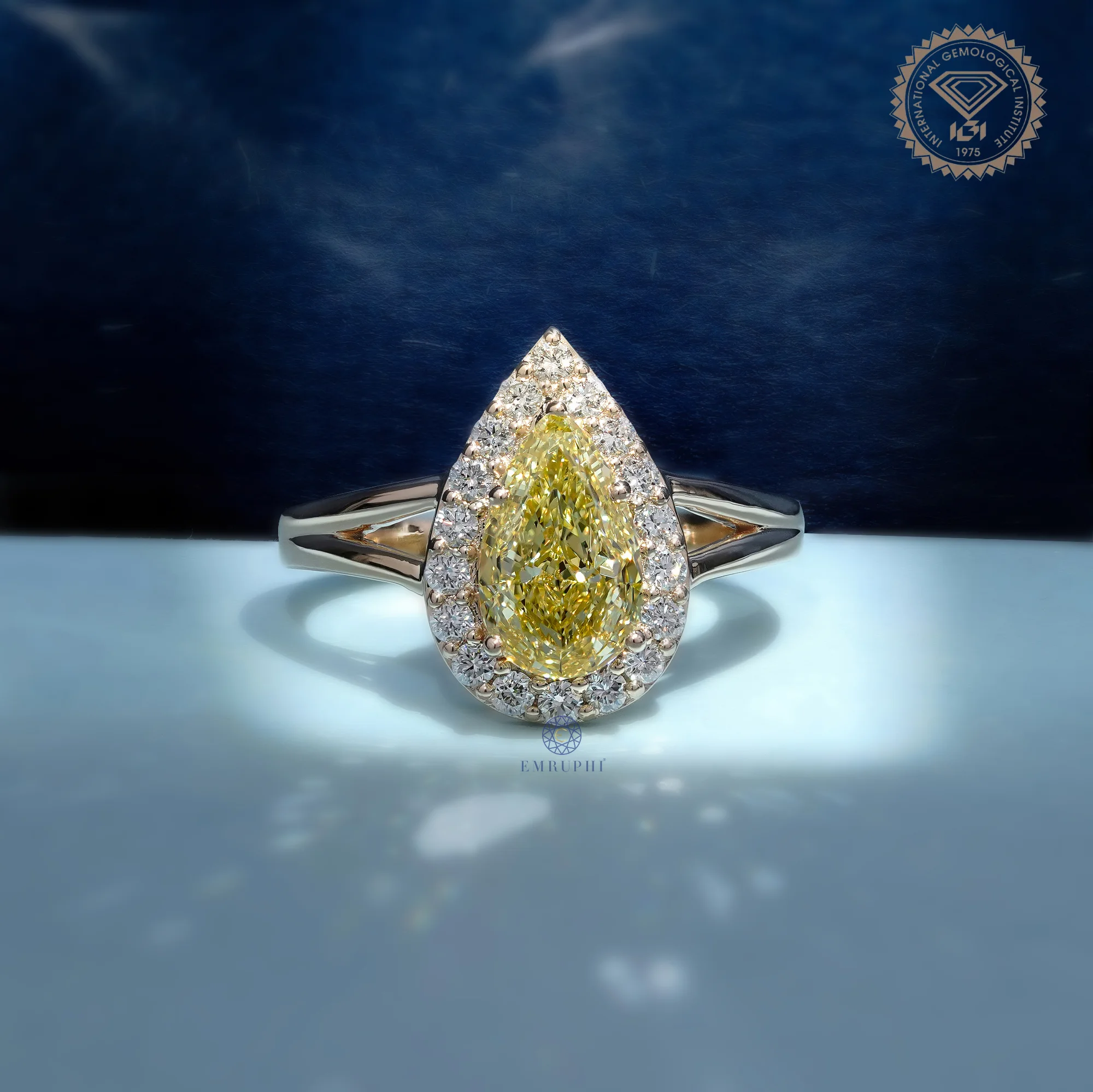 2.00 CT Pear Cut Yellow Lab Grown Diamond Halo Ring, Fancy Yellow Diamond Engagement Ring