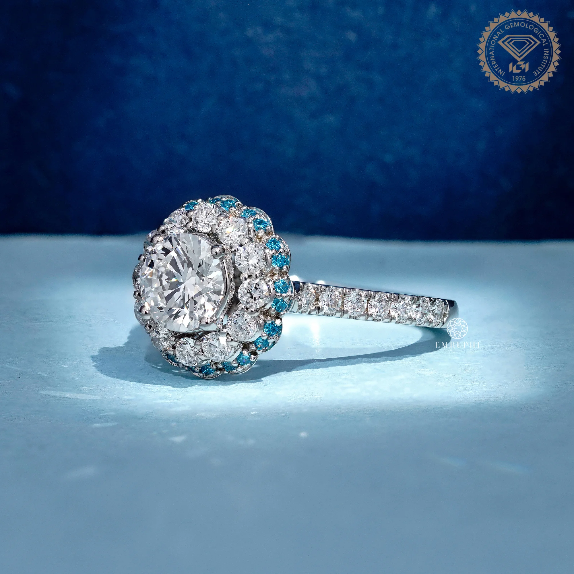 1.20 CT Round Diamond Halo Ring, Blue Diamond Floral Halo Engagement Ring, IGI Certified Diamond — view 2