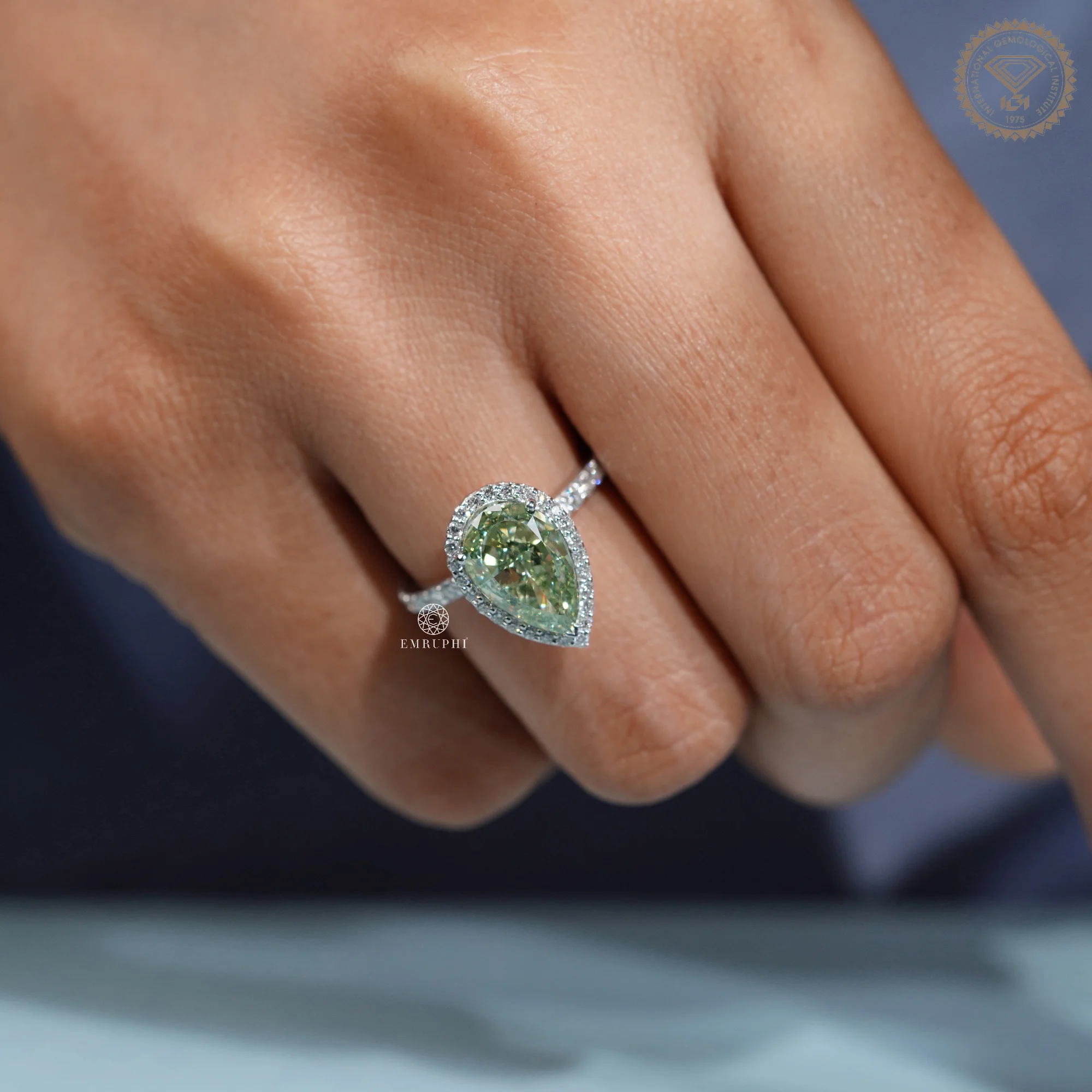 3.5 CT Pear Vivid Green Lab Grown Diamond Halo Ring, IGI Certified, Green Diamond Engagement Ring — view 8