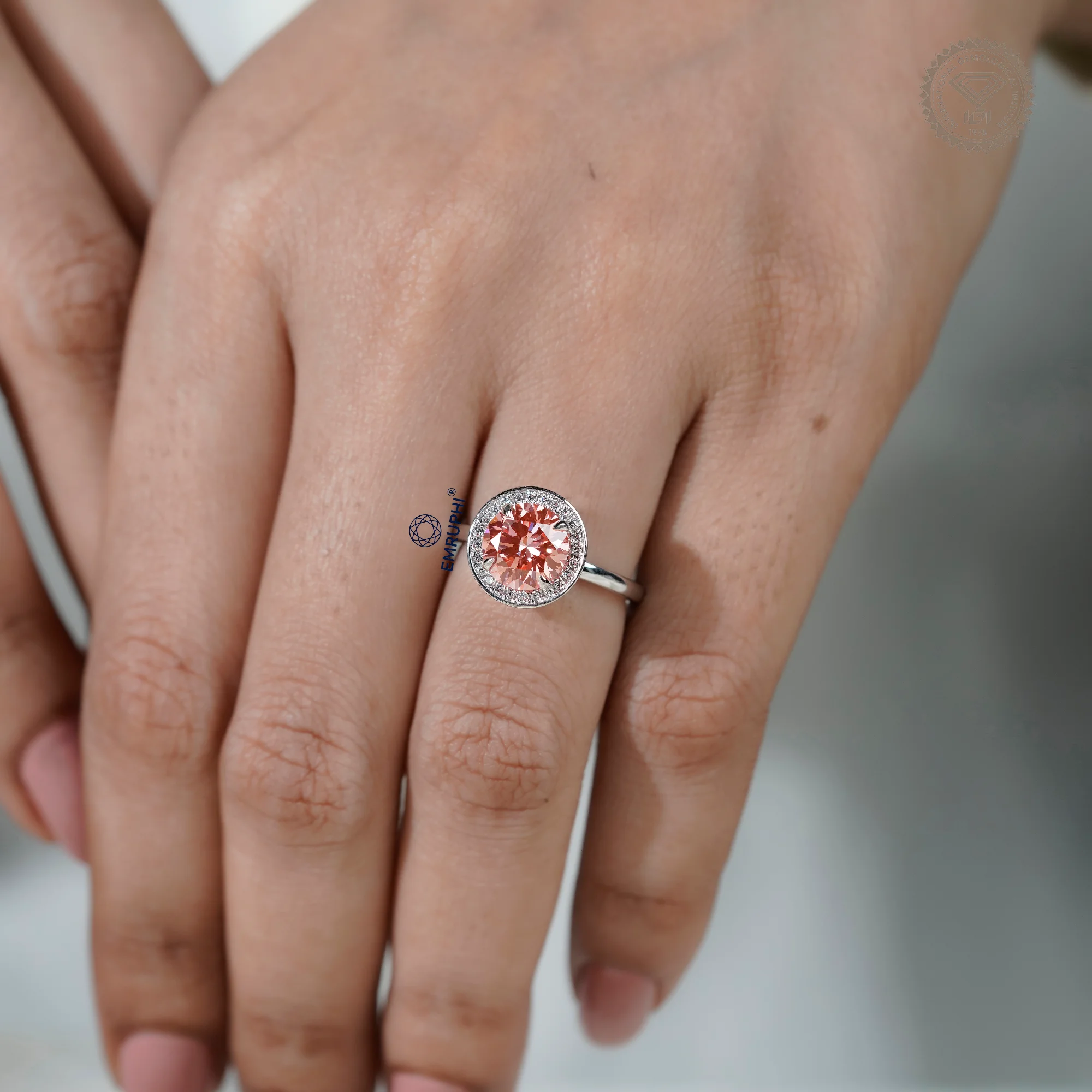 2 CT Round Halo Engagement Ring, Vivid Pink Center Stone, Diamond Halo Ring, Romantic Proposal Ring — view 11