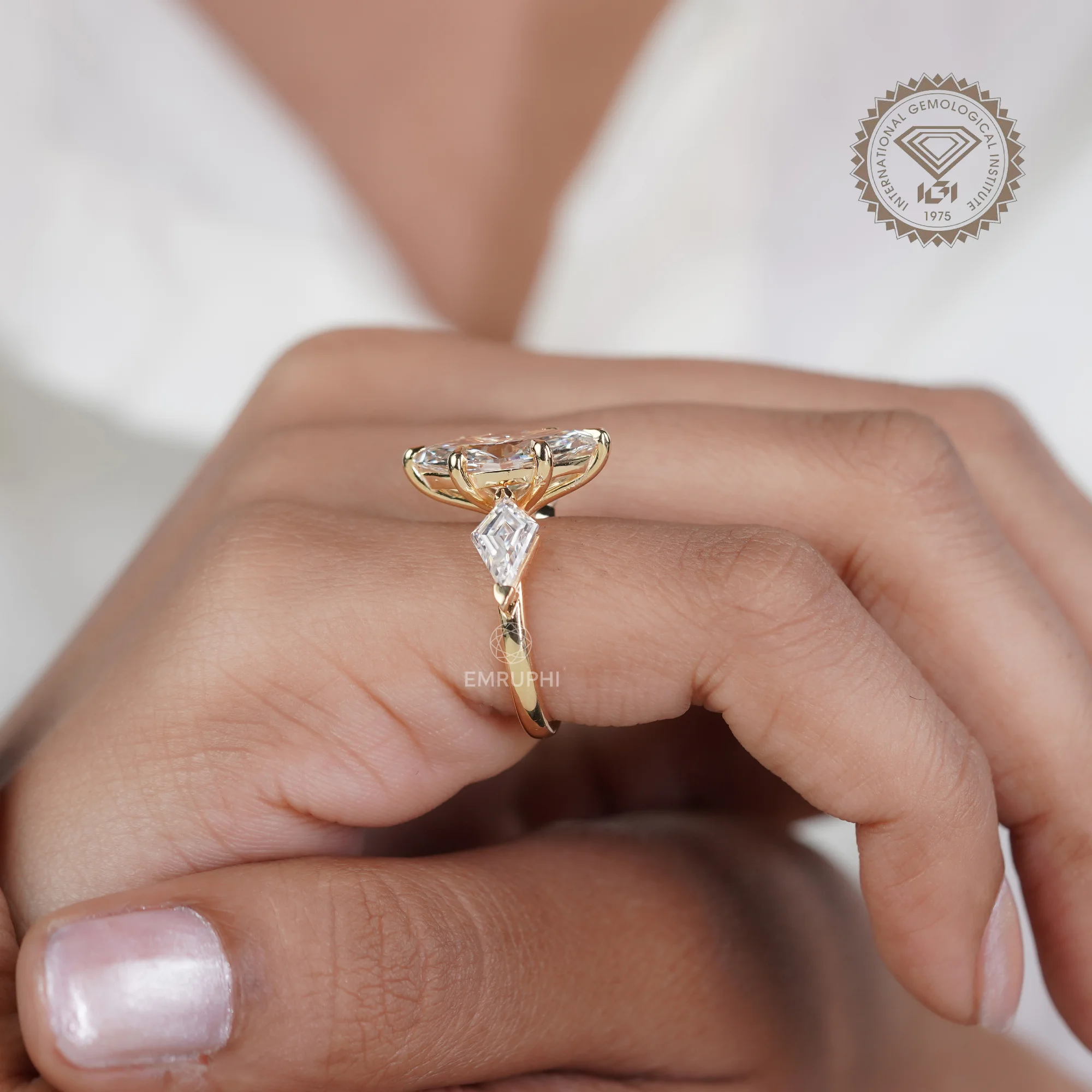 3 CT Marquise Lab Diamond Ring, Kite Side Stones, 14K Gold Wedding Ring — view 15