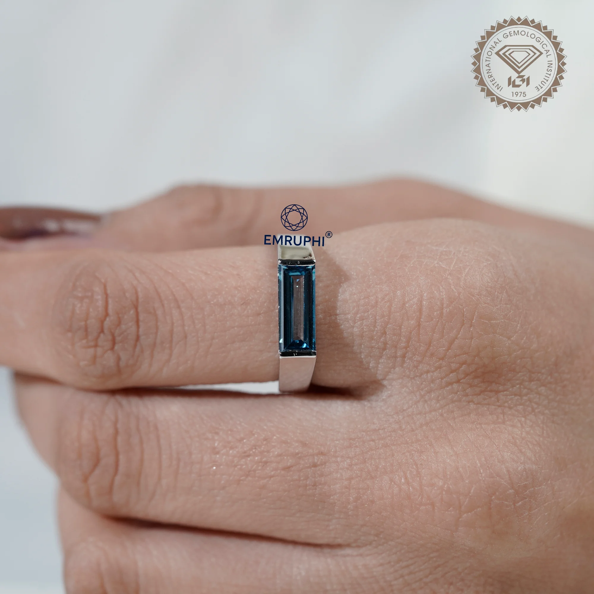 Baguette Cut Vivid Blue Lab Diamond Ring, Baguette Diamond Signet Ring, — view 7