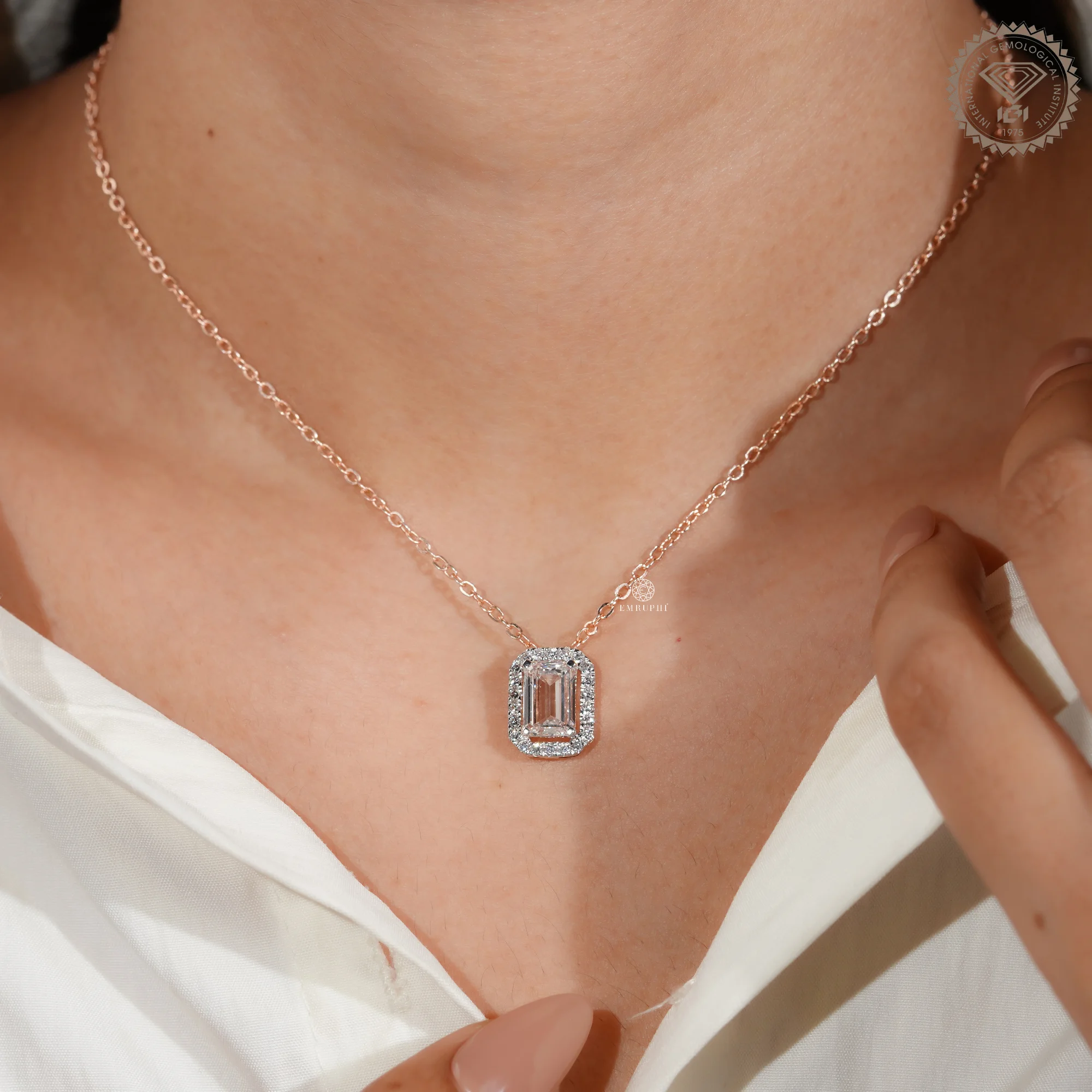 1 CT Emerald Cut Lab Grown Diamond Necklace, Halo Pendant Rose Gold Chain, Two Tone Pendant — view 11