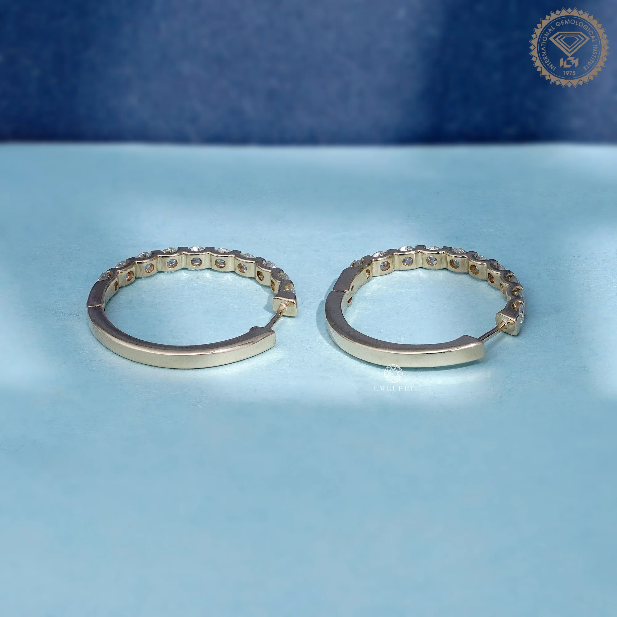 Round Cut Gold Hoop Earrings, Sustainable Dangle Pave Hoops, Channel Set Gold Hoops — view 5