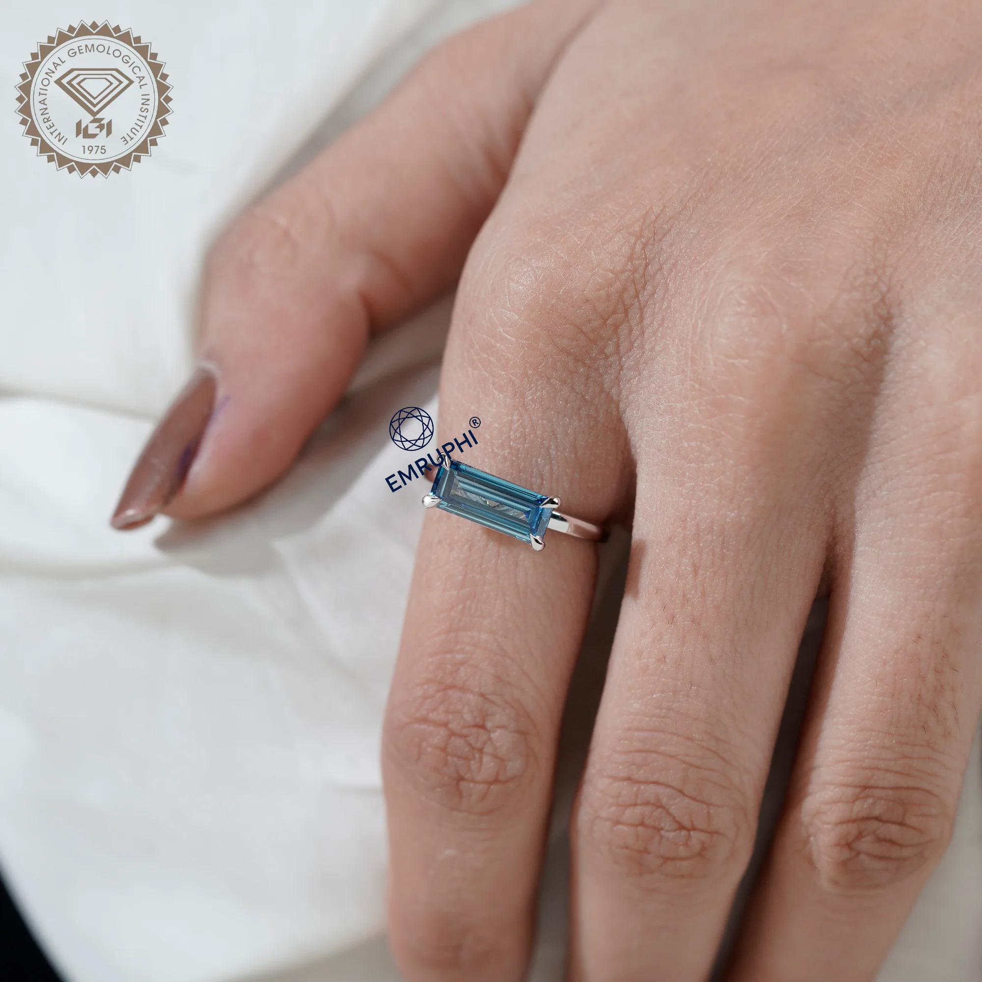 Baguette Diamond Solitaire Ring, Vivid Blue Lab Diamond Baguette — view 11