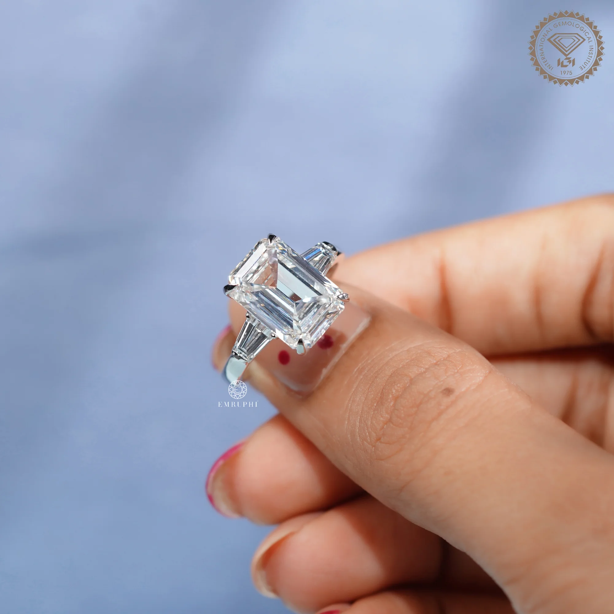 5.5 CT Emerald Cut Lab Diamond Ring with Tapered Baguette Side Stones, IGI Certified Diamond — view 12