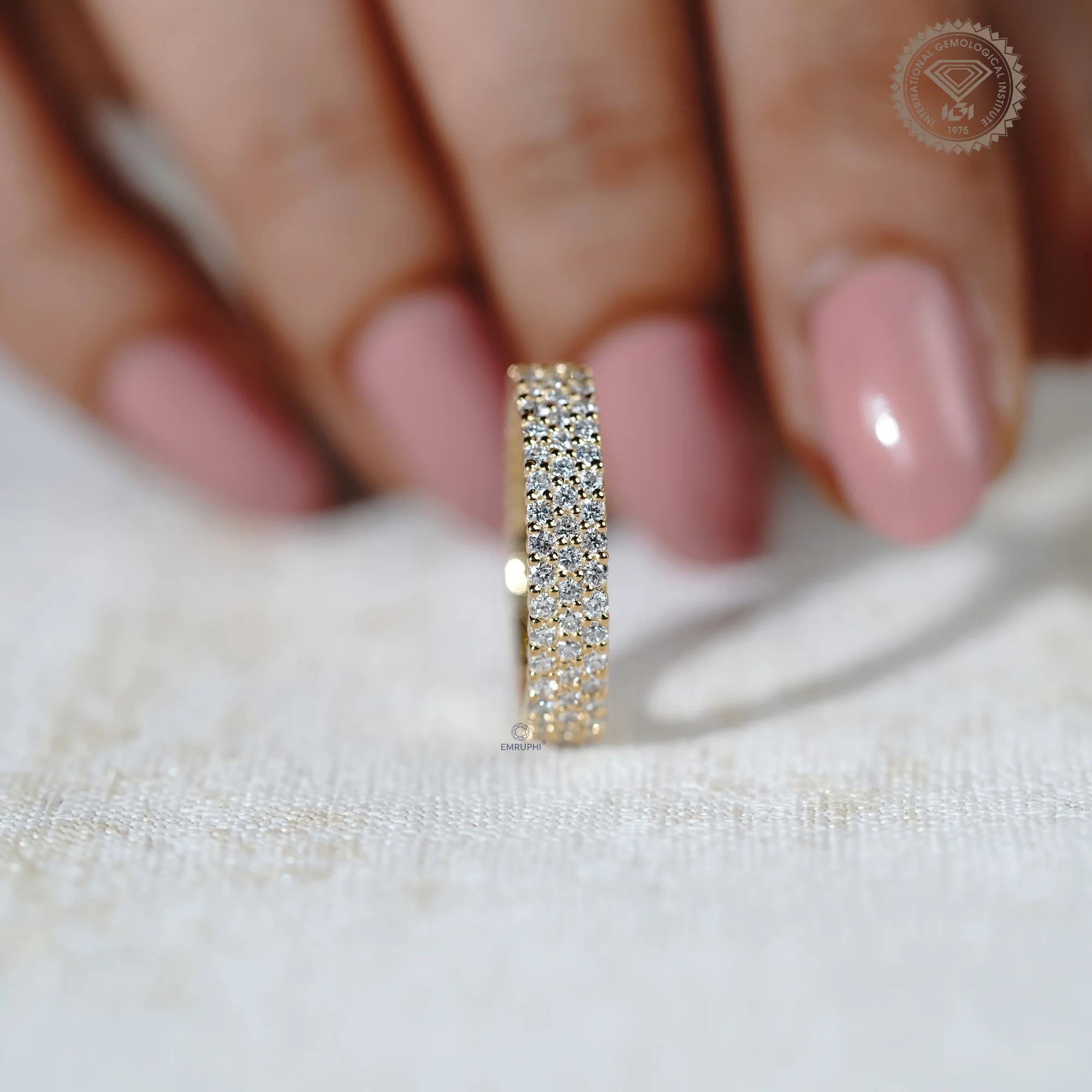 Three Row Lab Diamond Full Eternity Band, Stackable Gold Wedding Ring — view 15