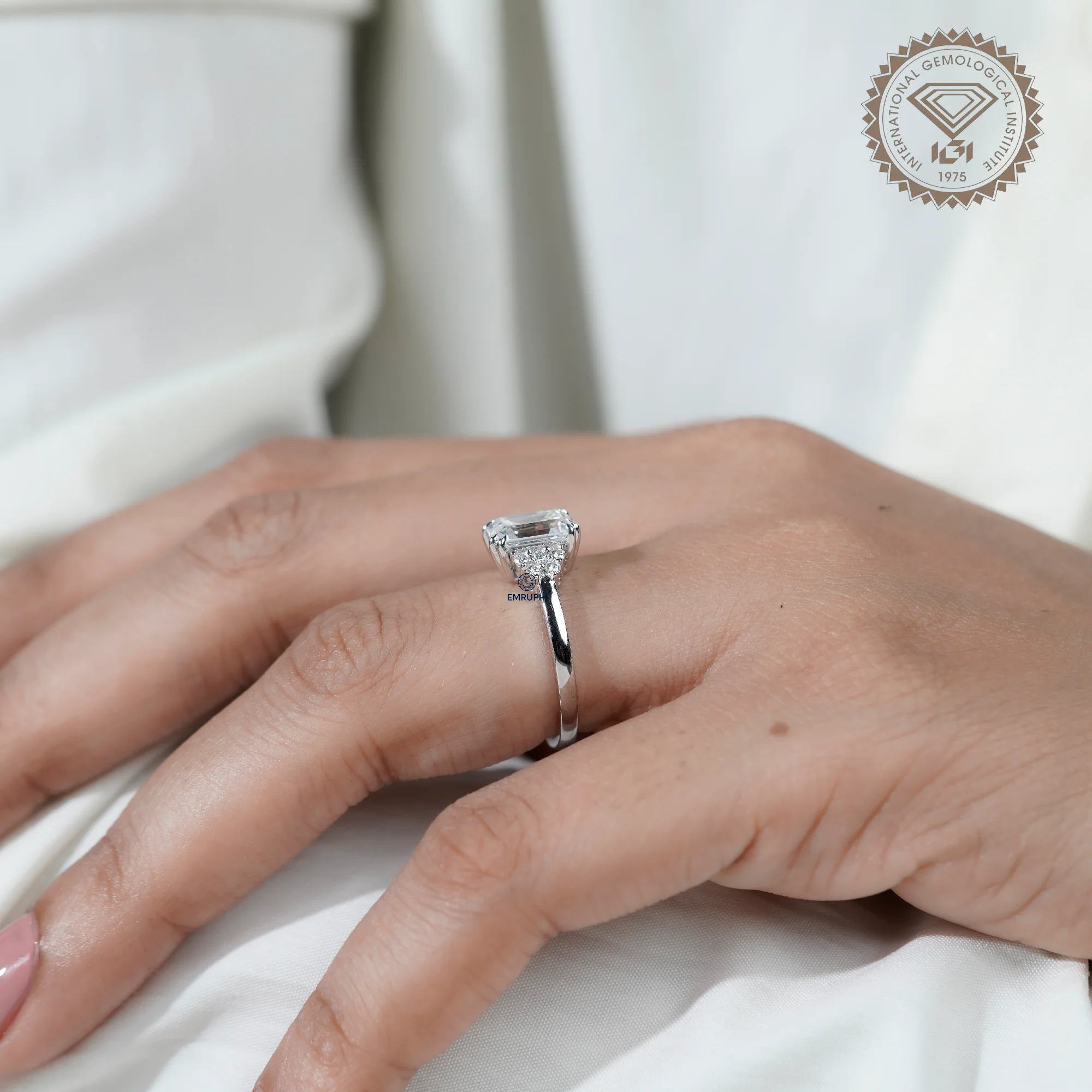 Emerald Cut Labgrown Diamond Engagement Ring, 14k White Gold Snowdrift Cluster Proposal Ring — view 12
