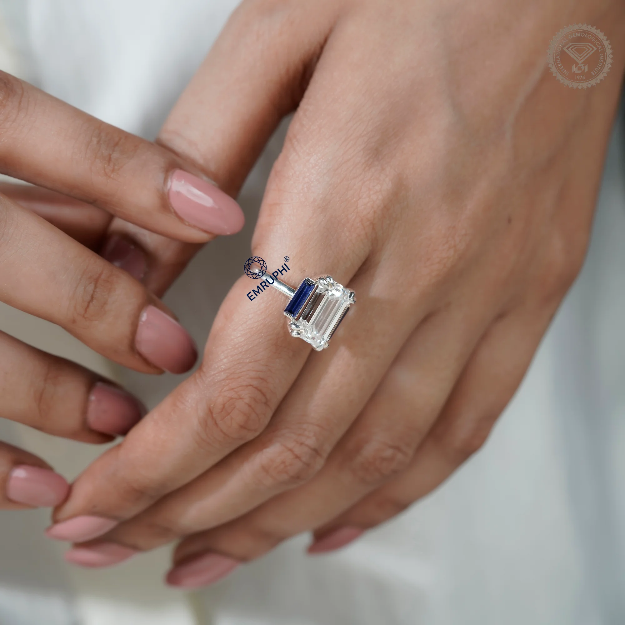6 CT Emerald Cut Three Stone Engagement Ring with Sapphire Side Stones, Lab Grown Diamond Ring, Vintage Bridal Ring — view 13