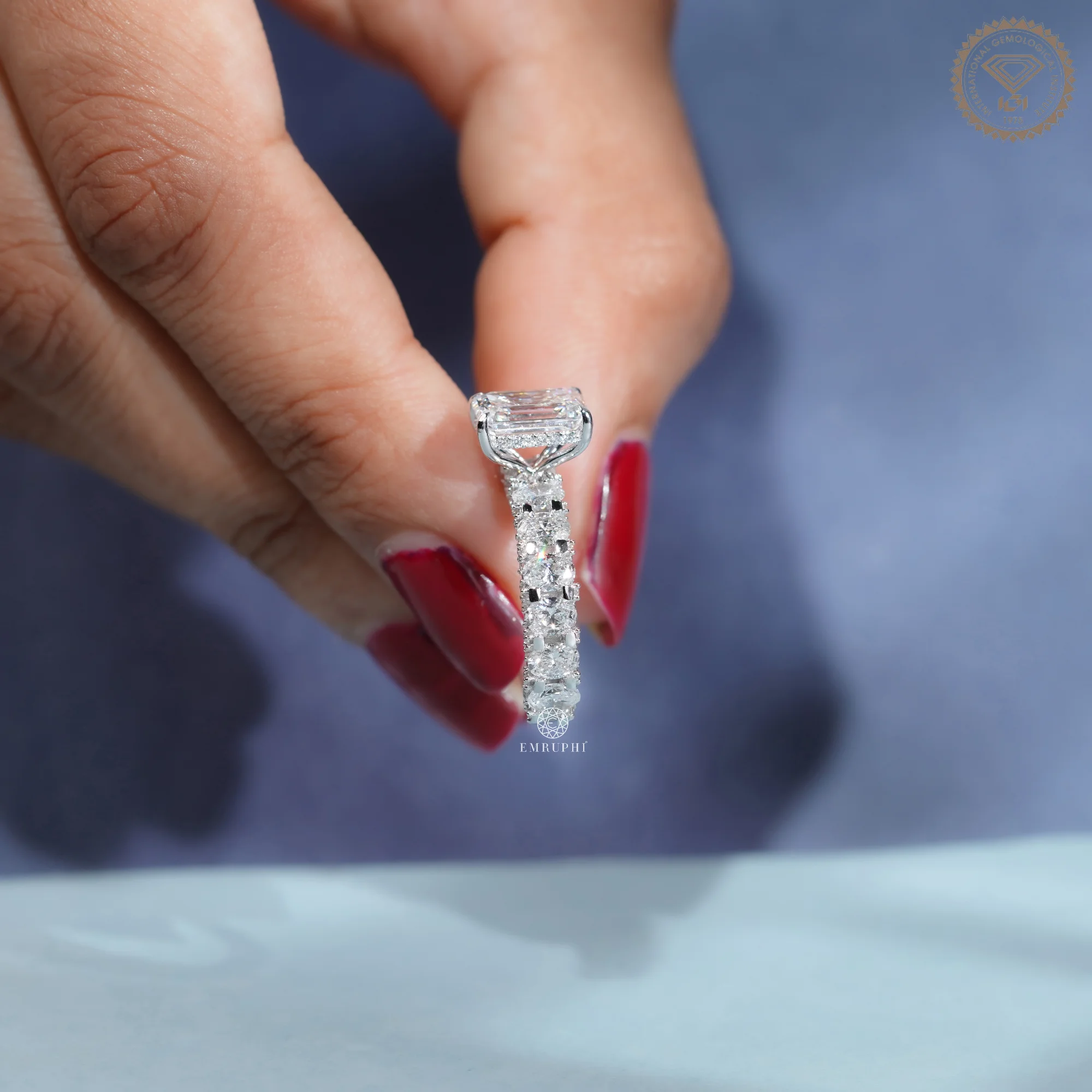 Emerald Cut Lab Grown Diamond Engagement Ring, Diamond Eternity Band — view 12