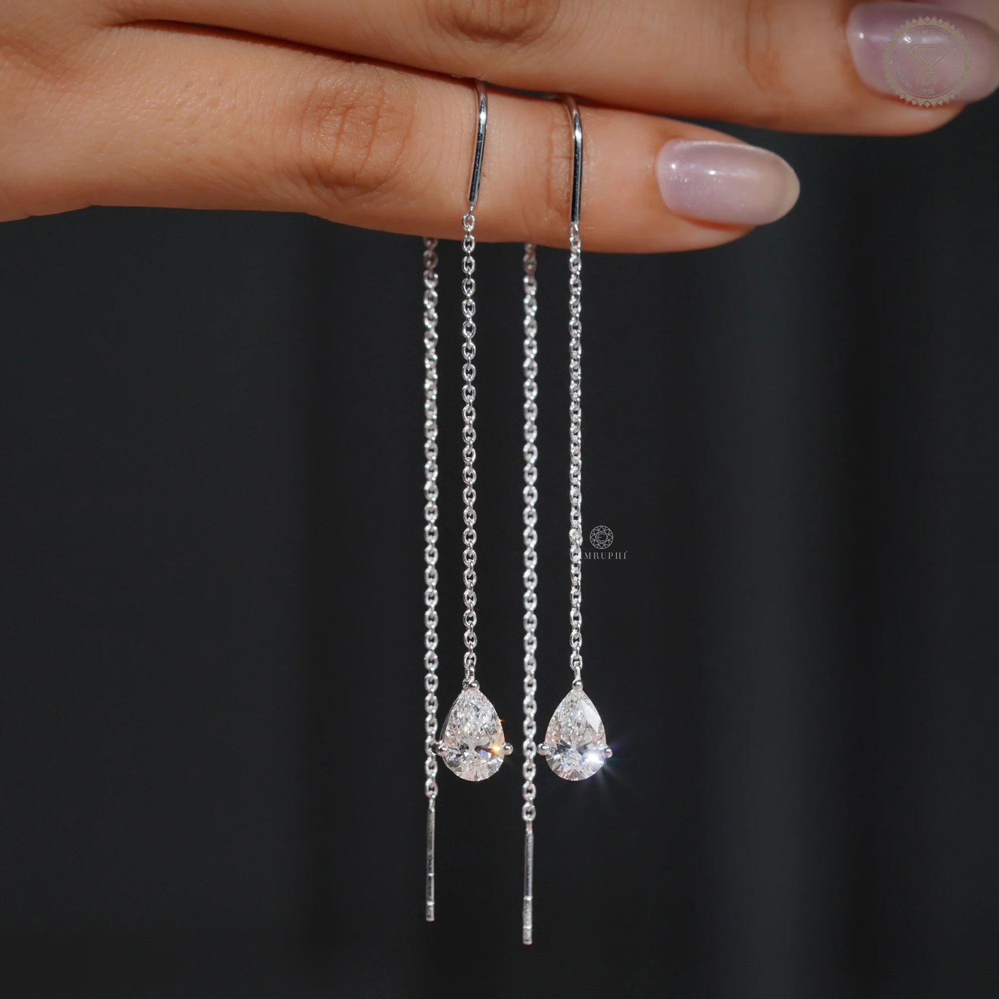 Pear Drop Threader Earrings, White Gold Drop Chain Earrings, Minimalist Long Chain Dangle Earring — view 9