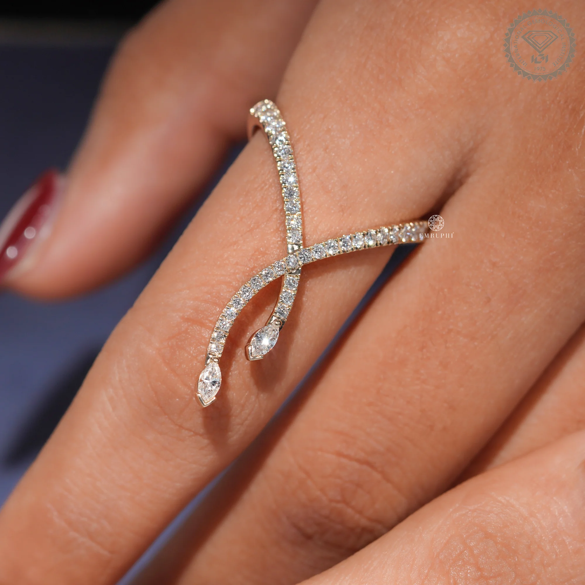 Criss Cross Diamond Ring, Marquise Pave Open Ring, Wrap Around Gold Diamond Ring — view 11