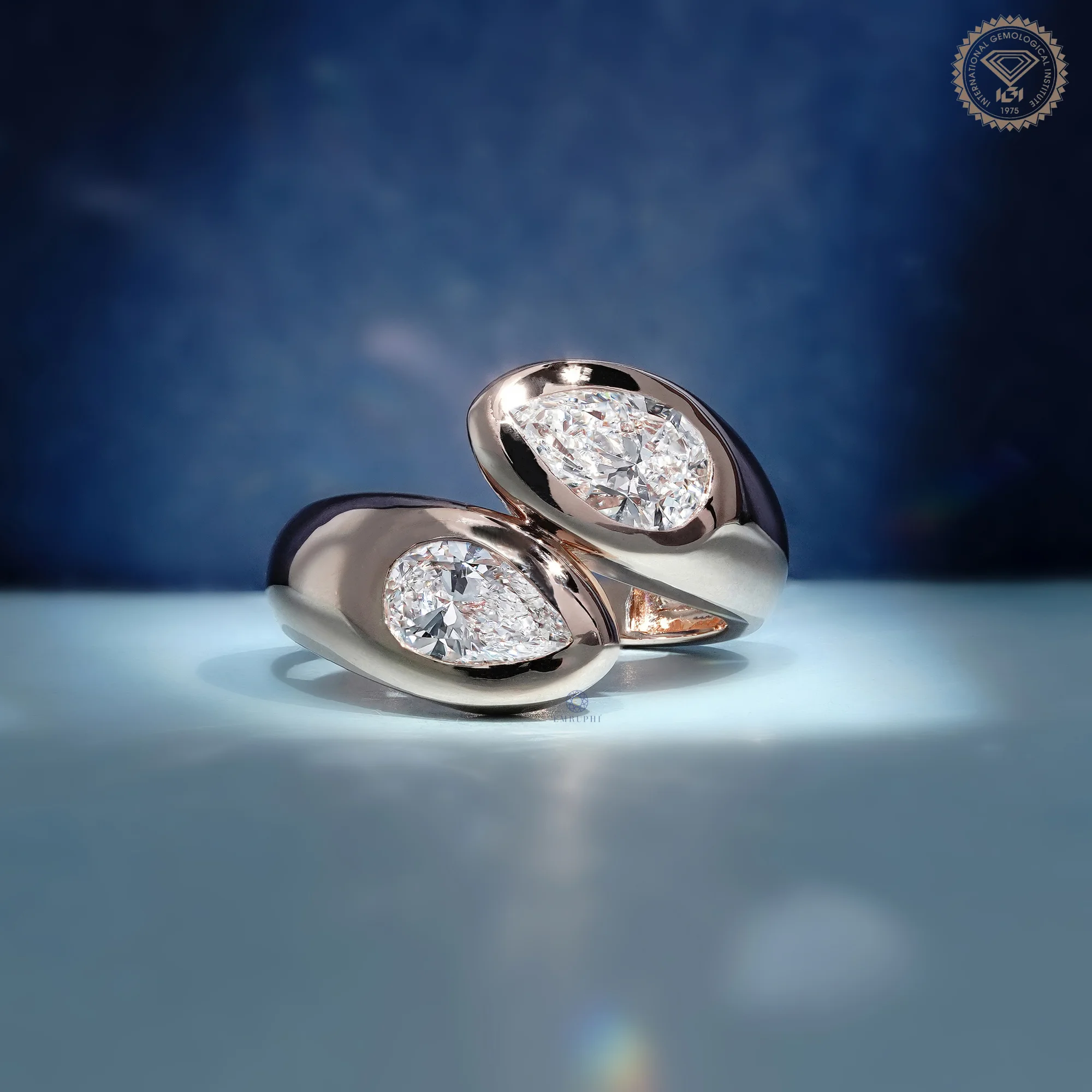 Pear Shape Bezel Lab Grown Diamond Toi et Moi Ring, Modern Open Wrap Engagement Ring, 14K Rose Gold Statement Ring