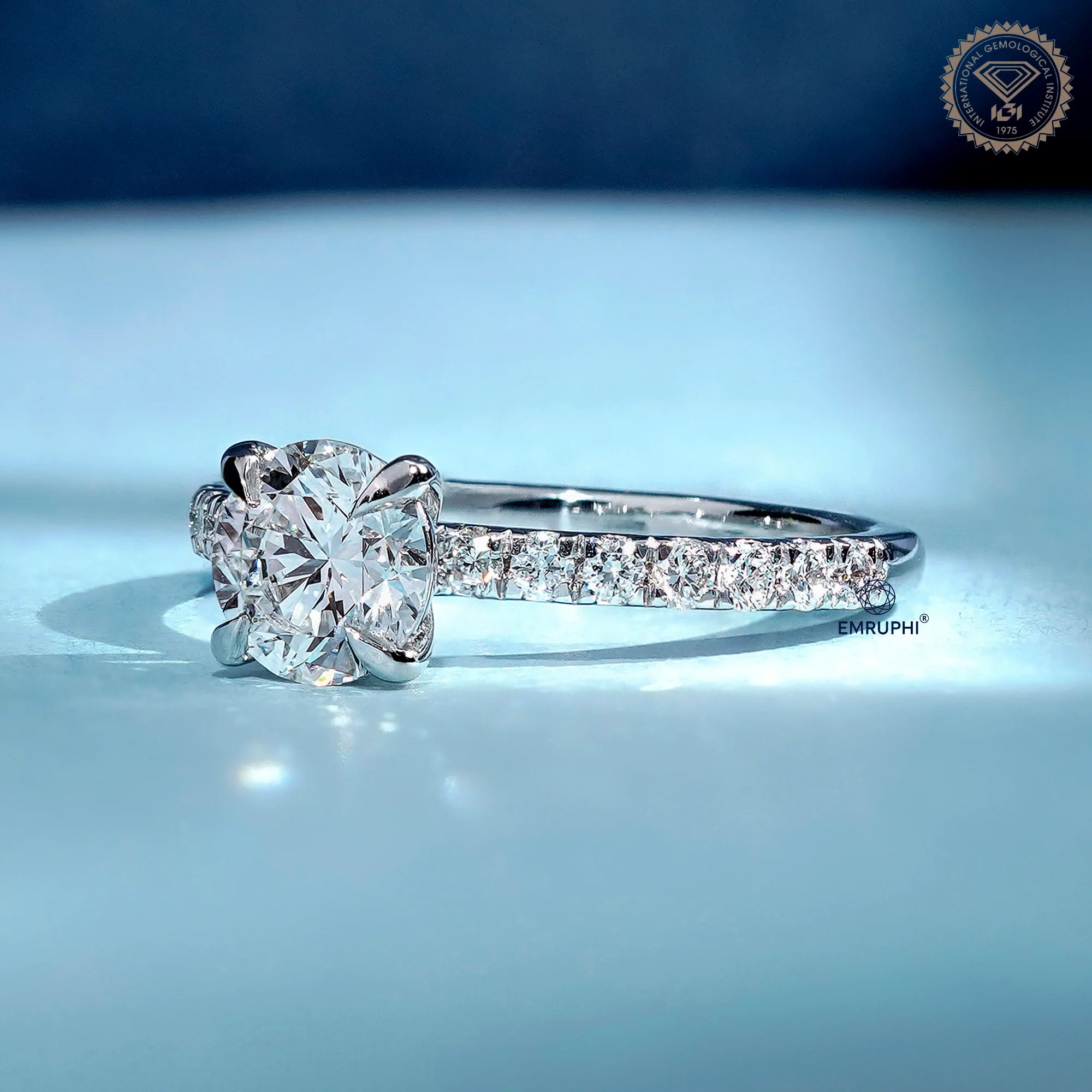 1 Carat Round Cut Lab Grown Diamond Engagement Ring, Pavé Side Stones — view 2