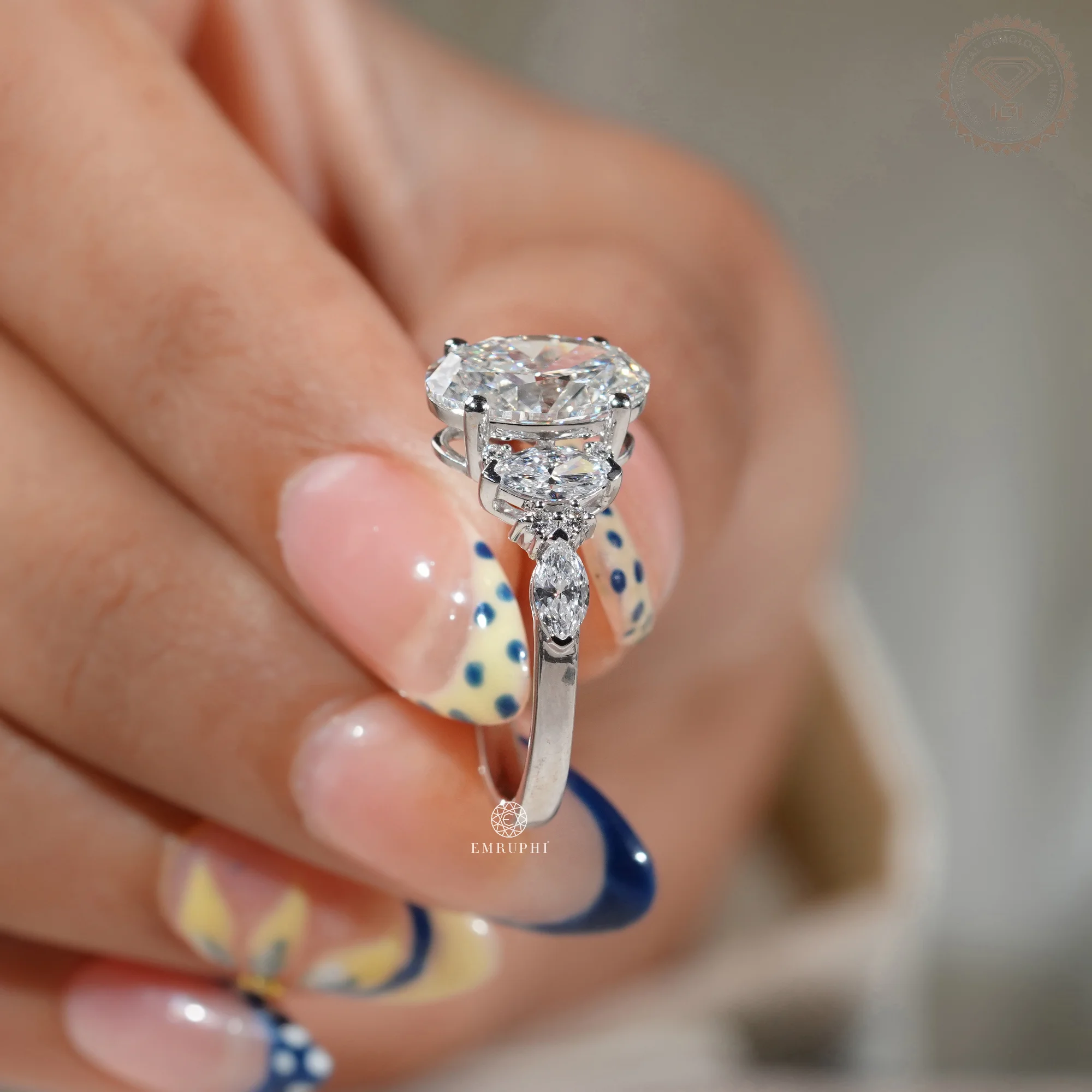 Oval Cut Lab Grown Diamond Engagement Ring, IGI Certified, Marquise Side Stones — view 5