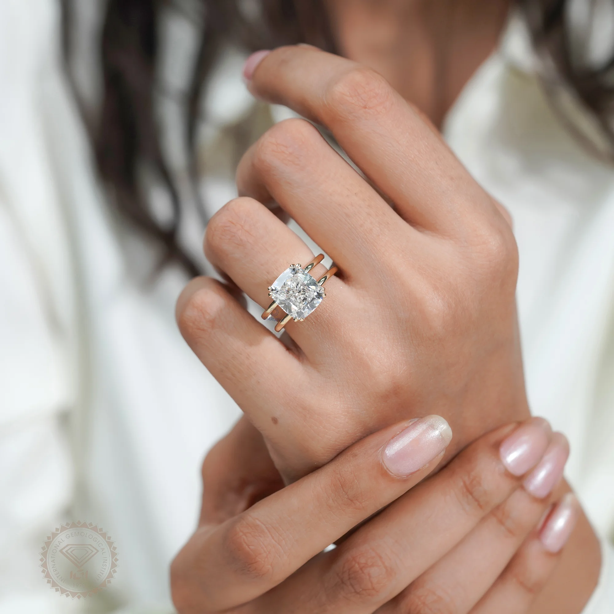 6 Carat Cushion Lab Grown Diamond Engagement Ring, Gold Solitaire Ring — view 10