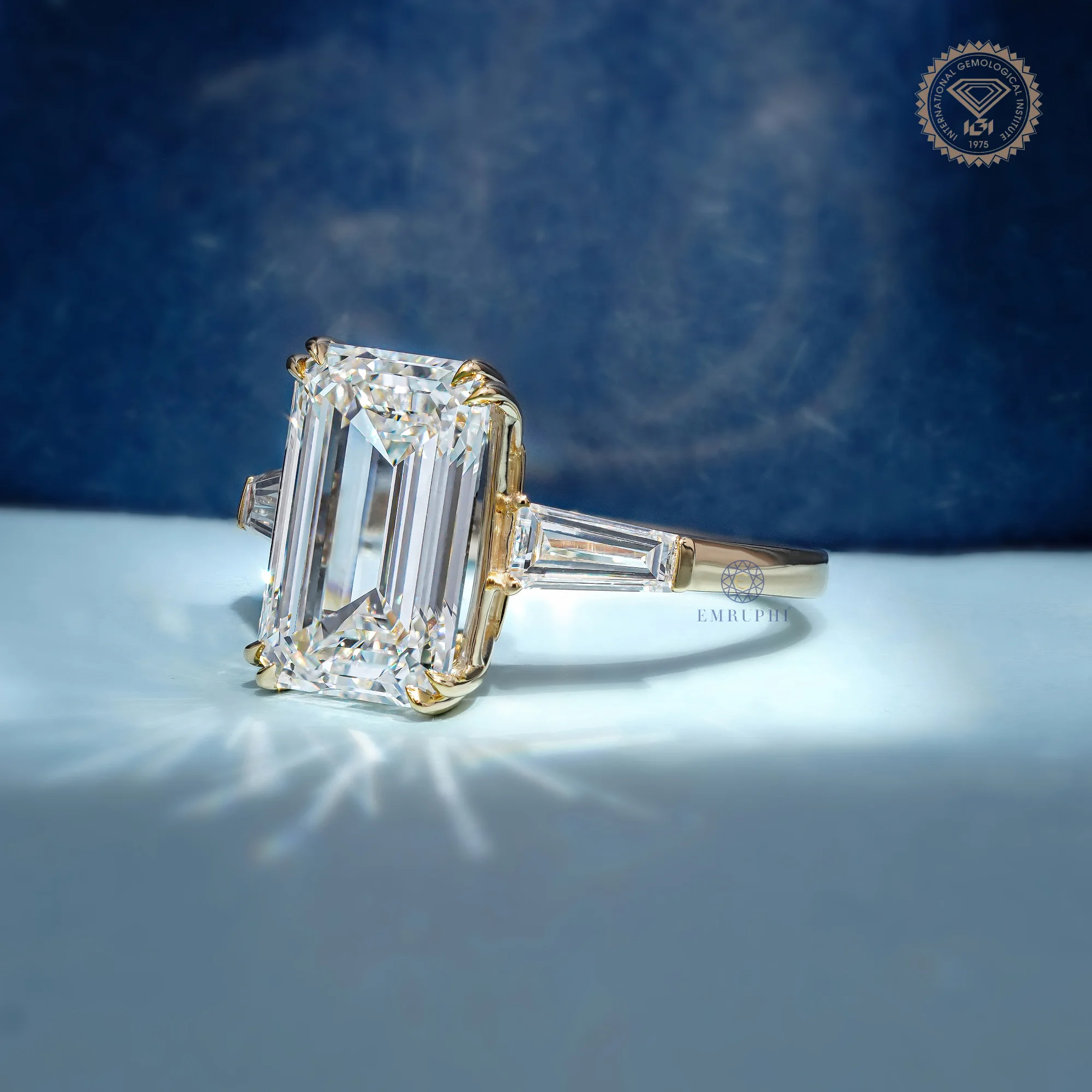 5 CT Emerald Lab Diamond Engagement Ring in 14k Gold, Three Stone Emerald Ring with Trapezoid Side Diamonds — view 2