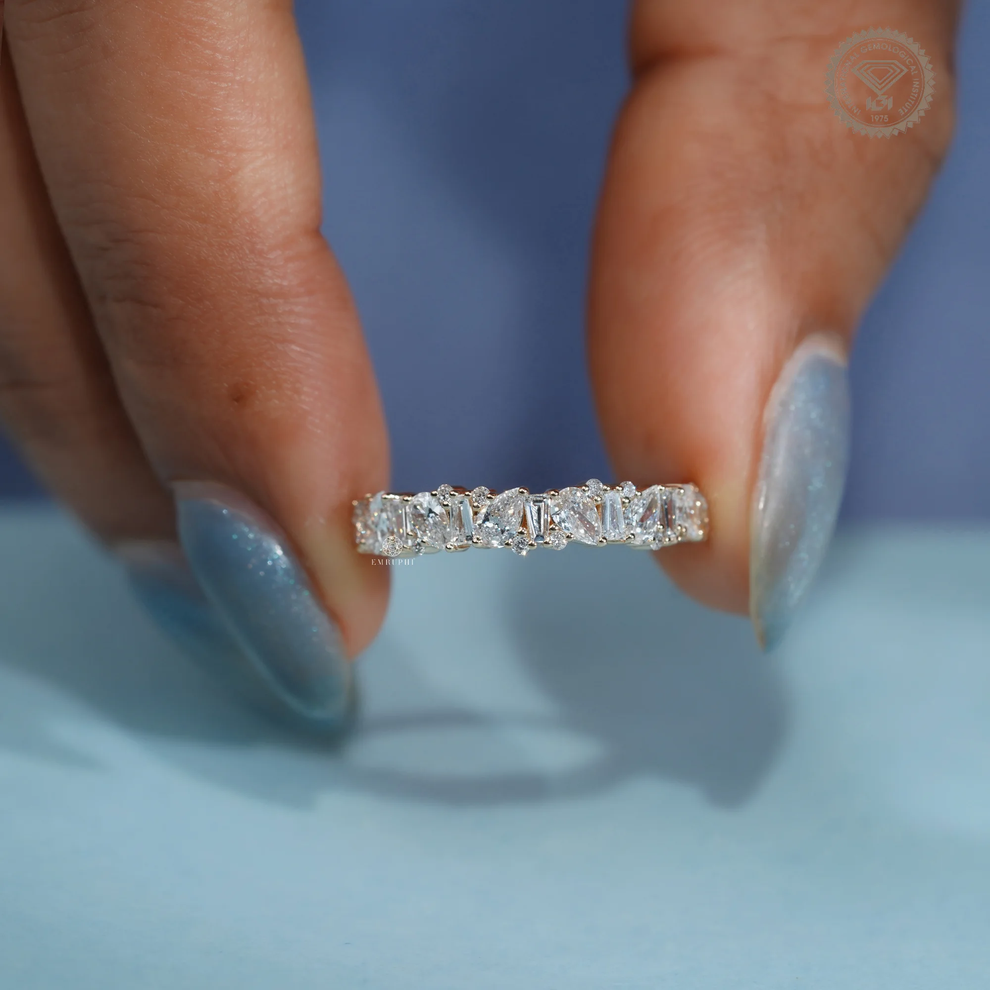 Pear and Baguette Lab Grown Diamond Wedding Band, Mixed Shape Diamond Half Eternity Ring — view 7