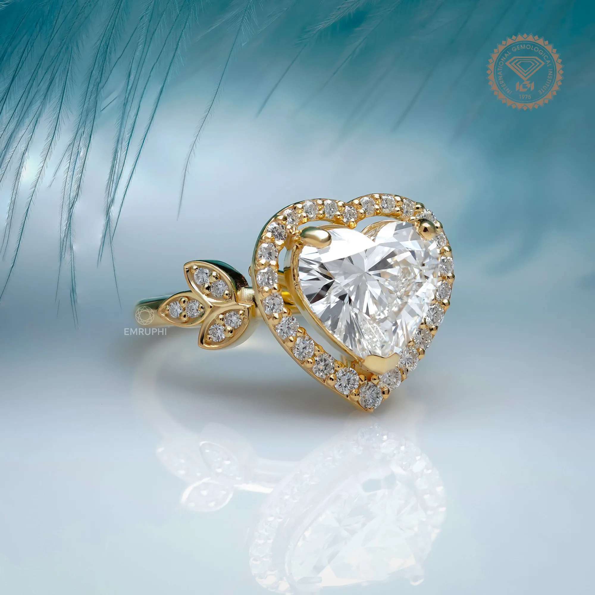 Heart Cut Halo Lab Grown Diamond Ring with Floral Side Accents, Romantic Heart Engagement Ring — view 2