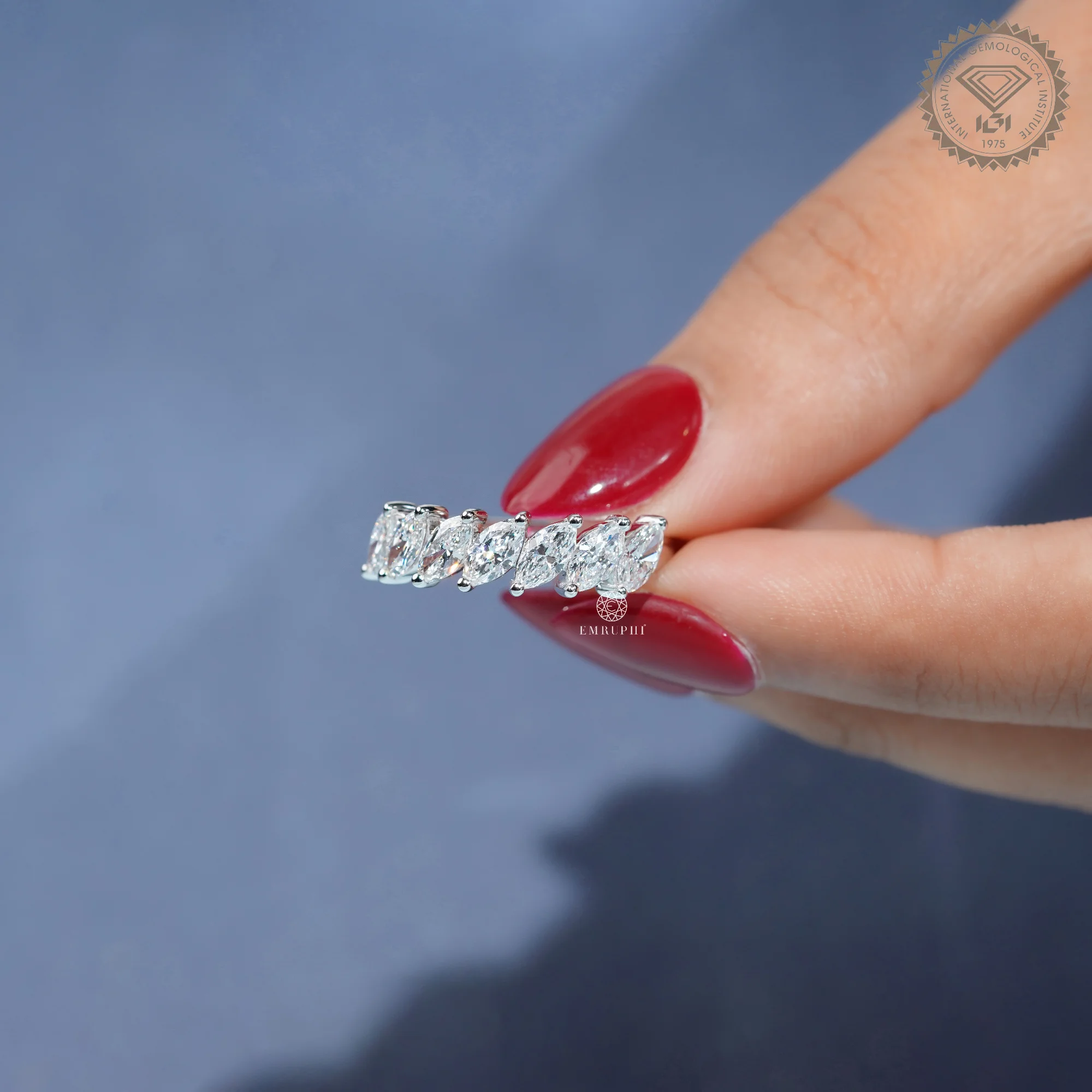 Marquise Cut Lab Grown Diamond Half Eternity Ring, Angled Marquise Wedding Band — view 6