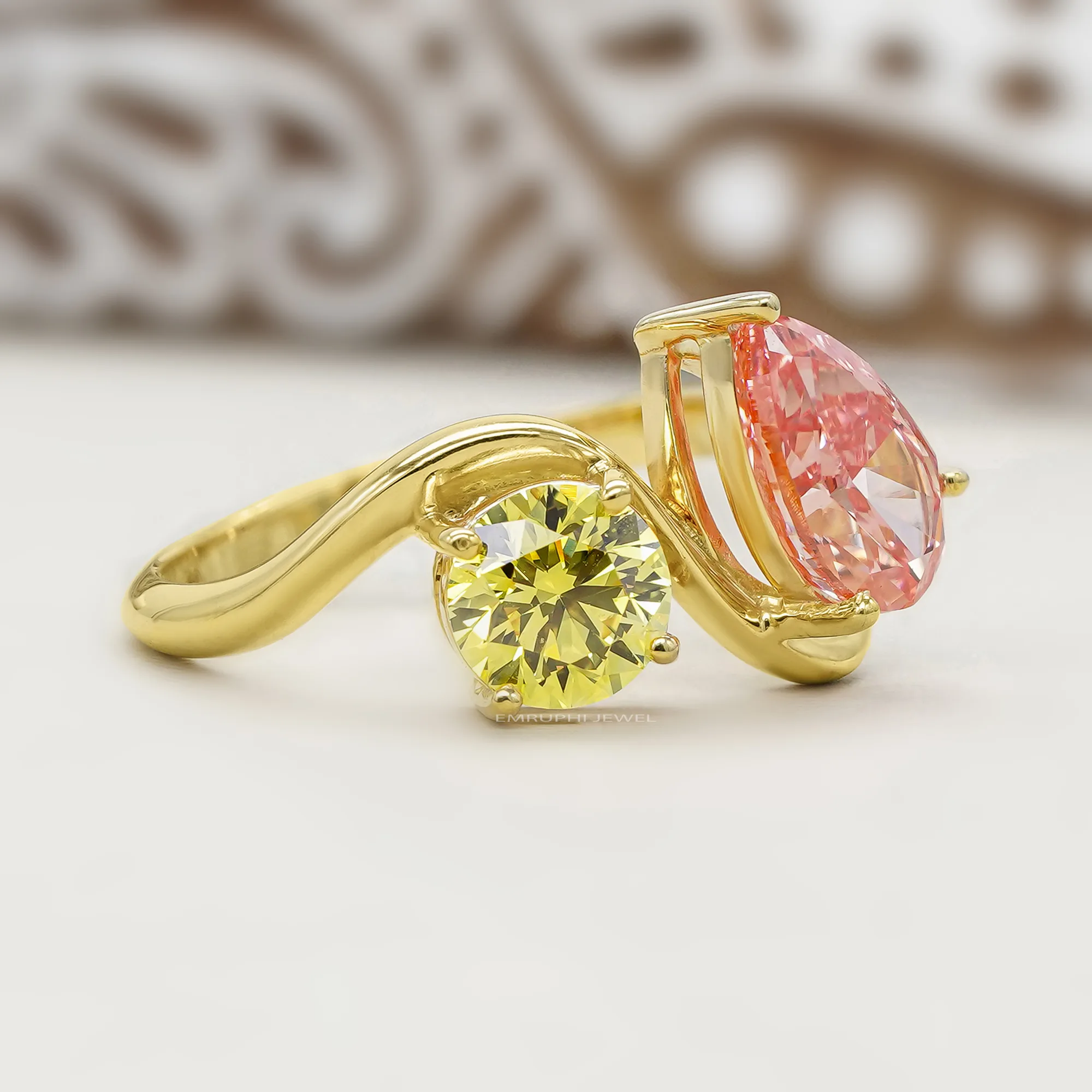 14K Gold Toi et Moi Ring, Yellow & Pink Lab Grown Diamonds — view 3