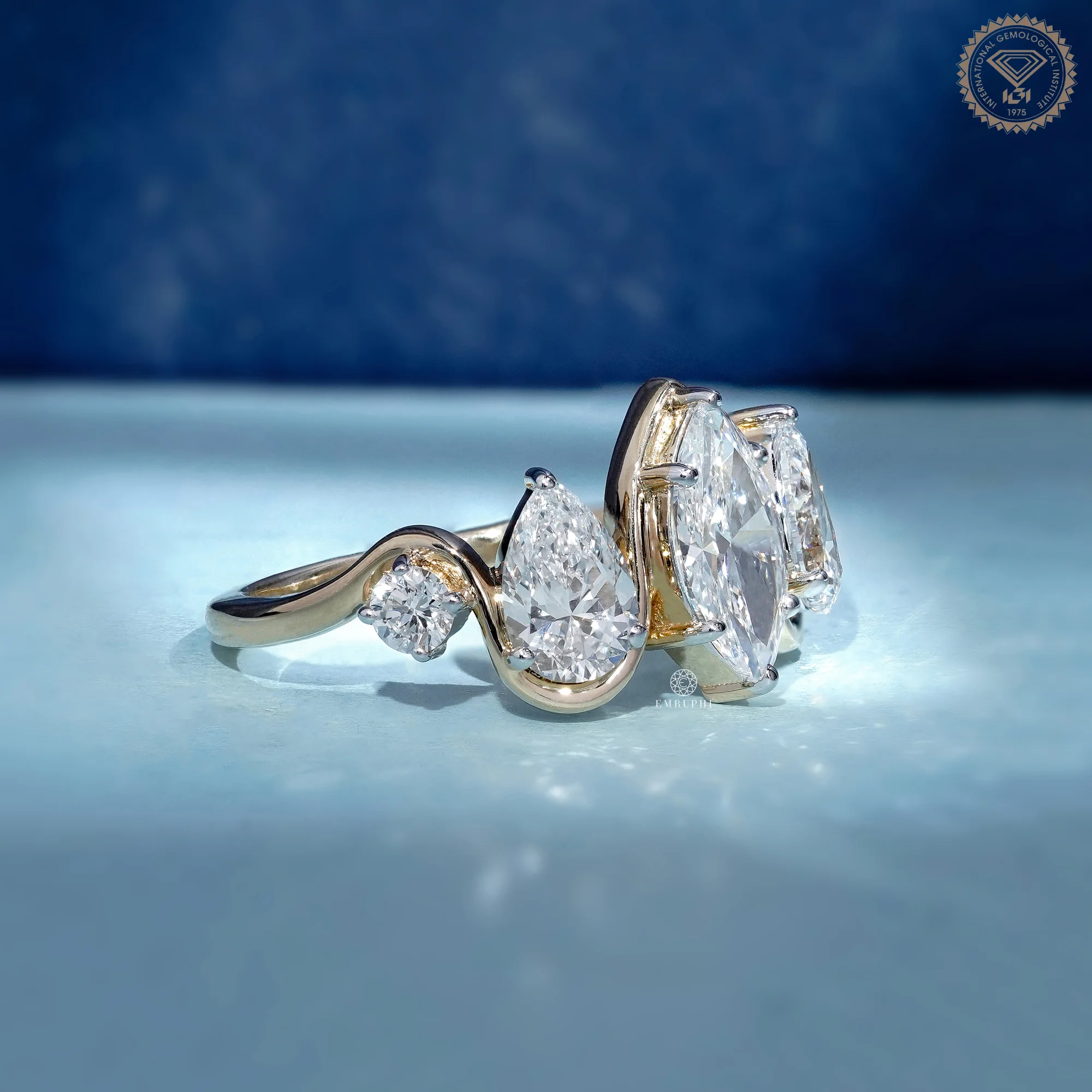 Marquise Pear Diamond Ring, Five Stone Cluster Engagement Ring, Two Tone Gold Wave Band — view 3