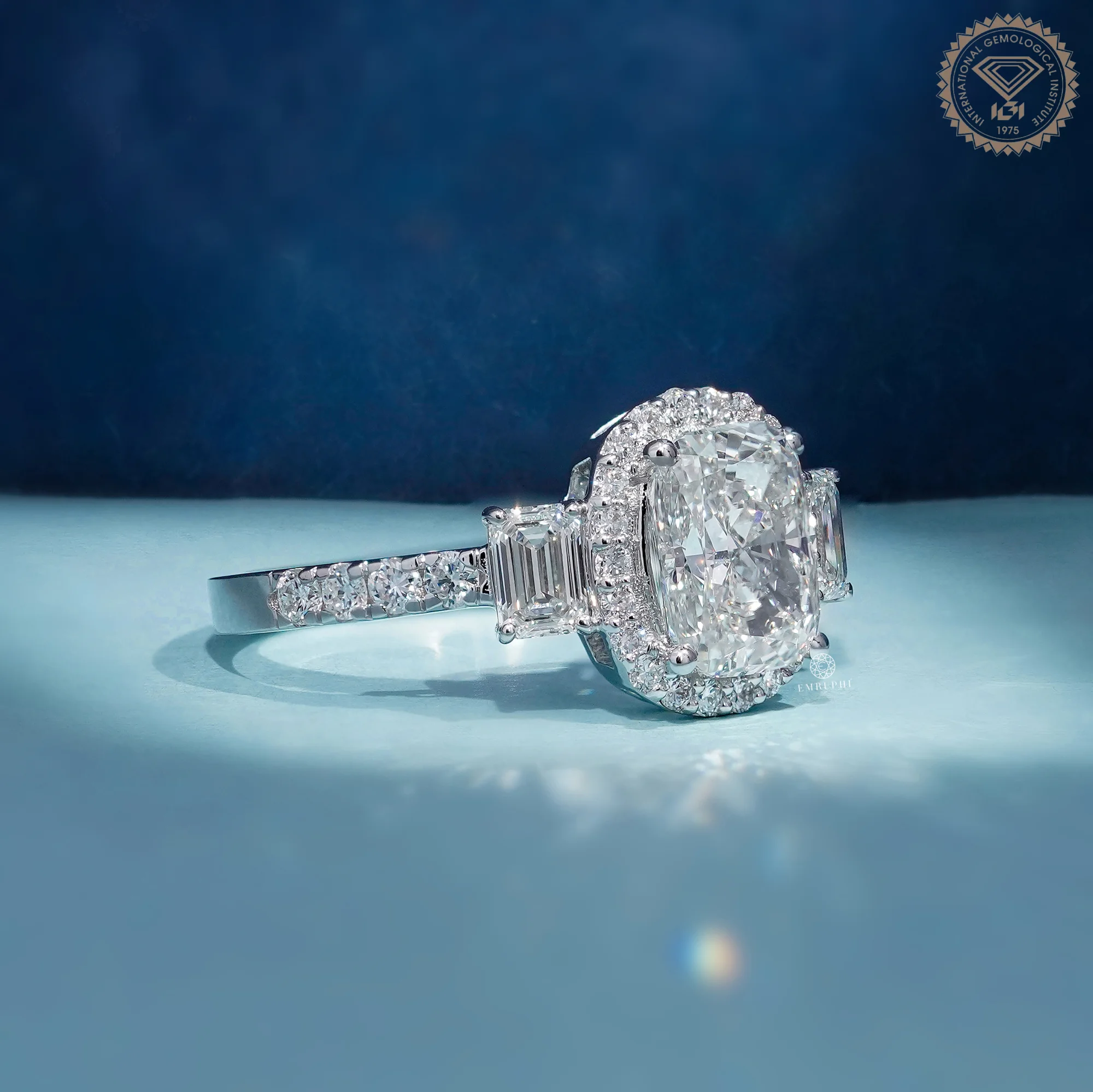 Cushion Cut Diamond Halo Engagement Ring, Trapezoid Side Stones, IGI Certified — view 3