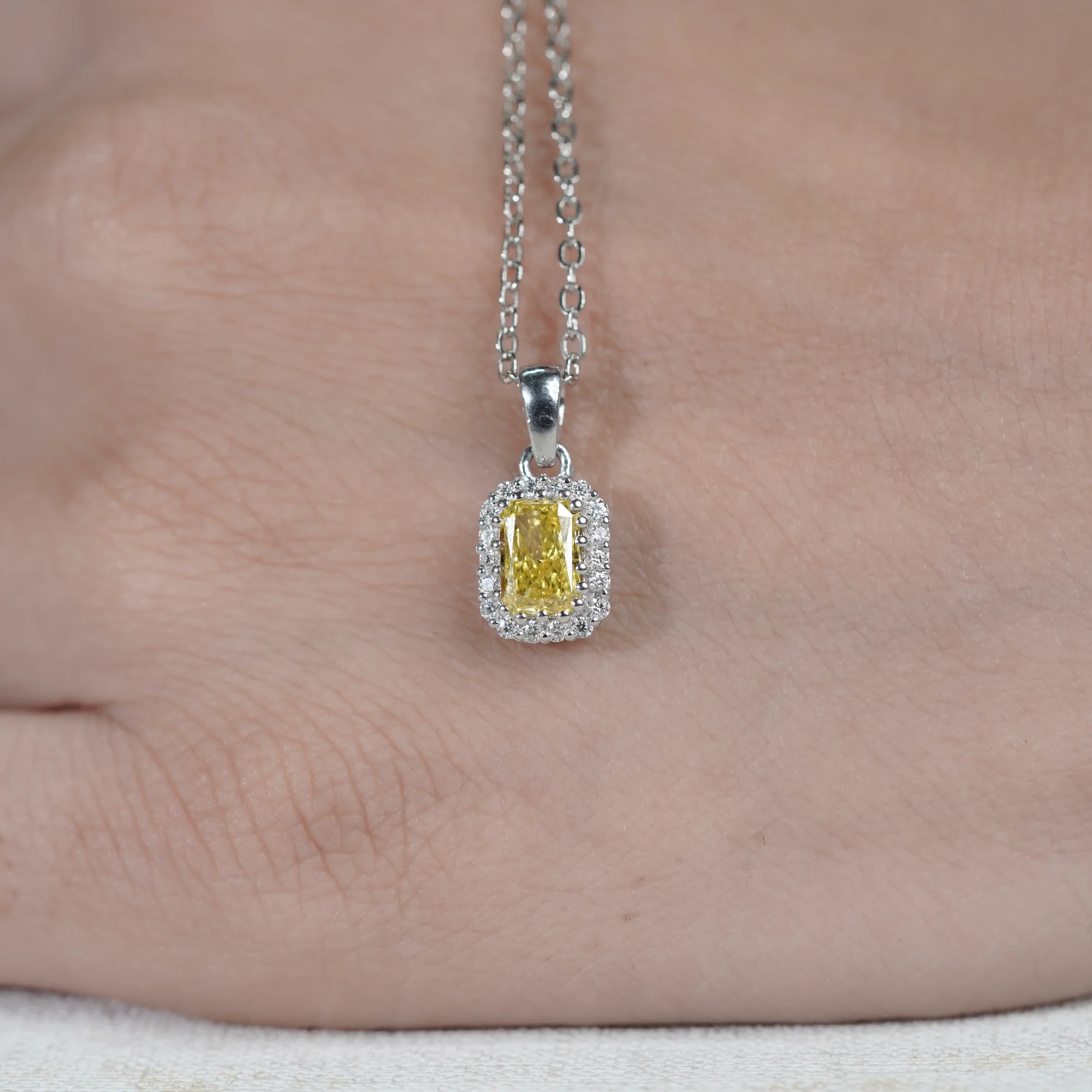 Vivid Yellow Radiant Cut Lab Diamond Pendant, 10K White Gold Double Halo Necklace — view 10