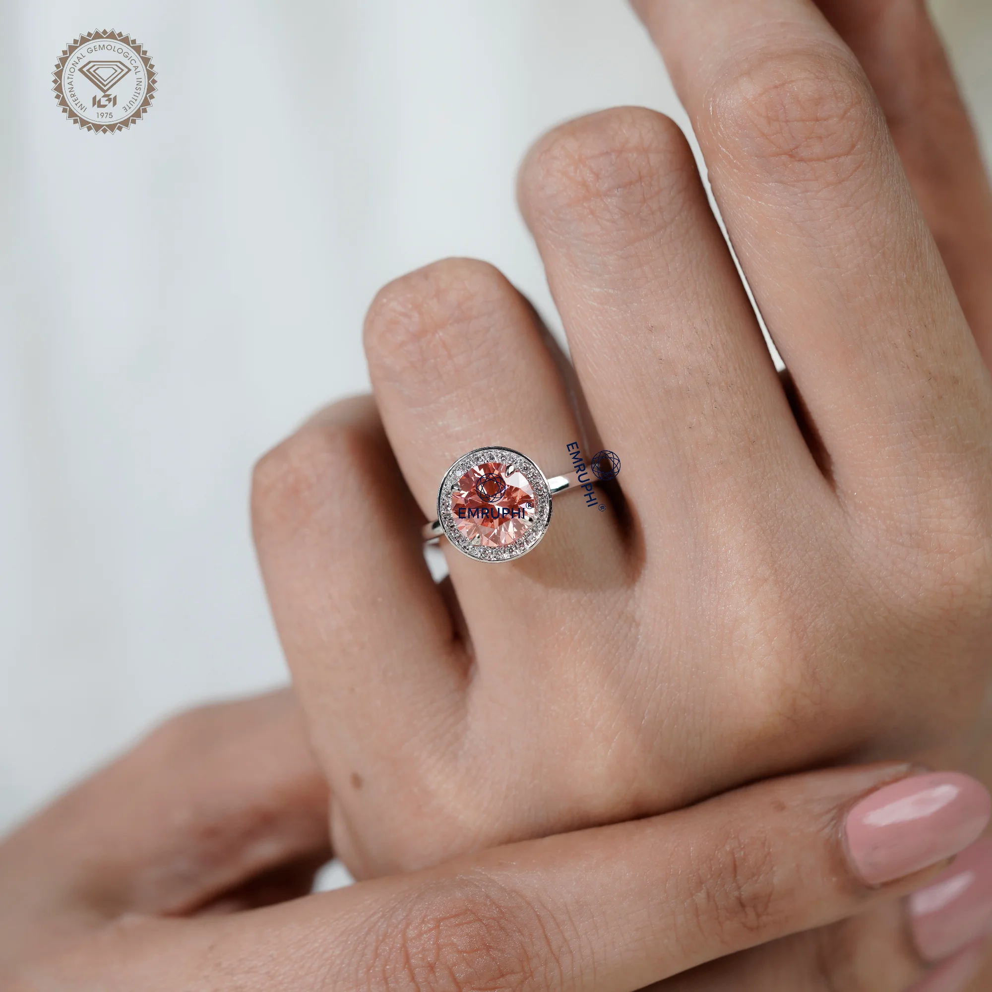 2 CT Round Halo Engagement Ring, Vivid Pink Center Stone, Diamond Halo Ring, Romantic Proposal Ring — view 7