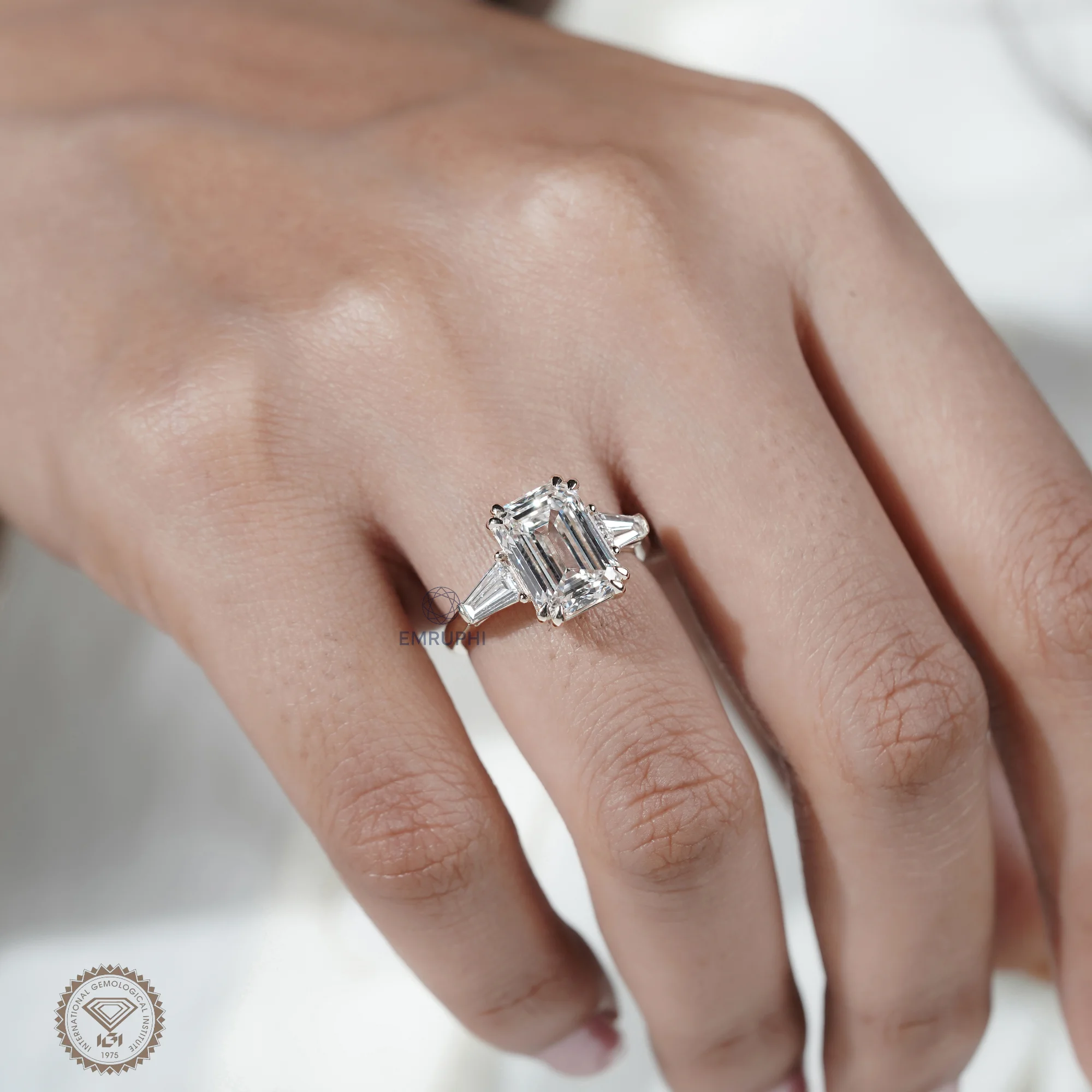 5 Carat Emerald Cut Lab Grown Diamond Engagement Ring , Trapezoid Side Stones — view 11