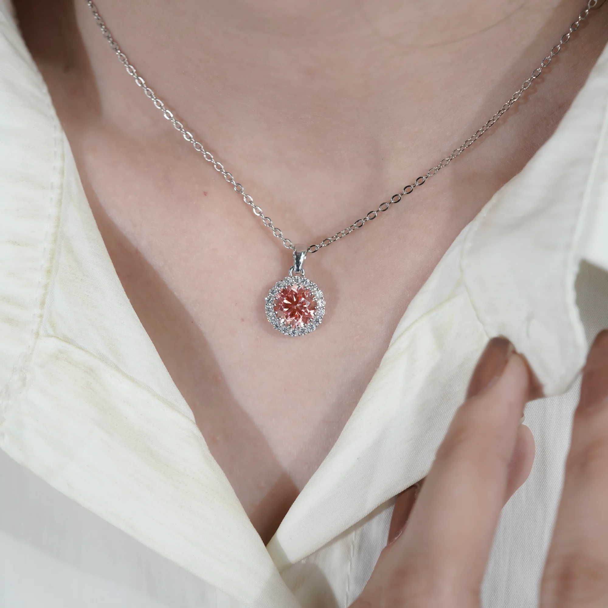 Vivid Pink Round Halo Pendant, Certified Lab Grown Diamond — view 10