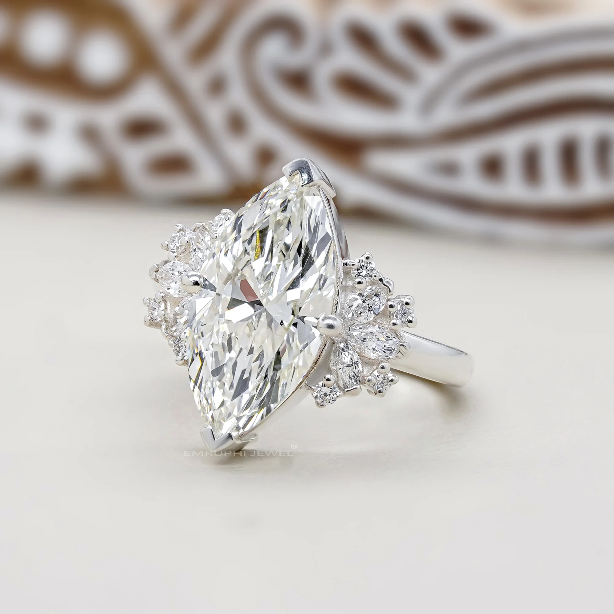 3.50 Carat Marquise Lab Grown Diamond Ring, Gold Cluster Engagement Ring — view 2