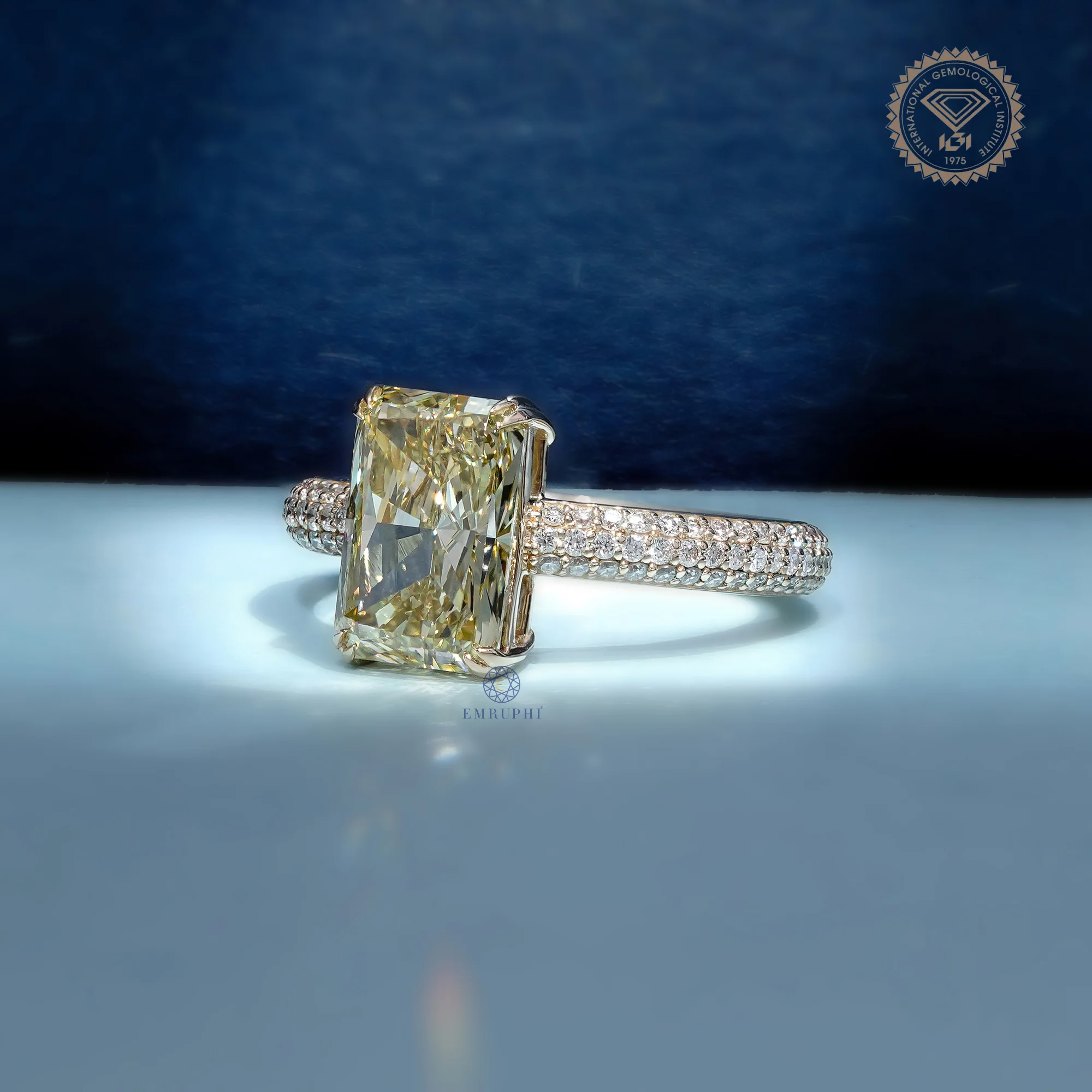 3 CT Radiant Cut Yellow Lab Grown Diamond Ring, Fancy Yellow Engagement Ring, Pave Band Diamond Ring — view 2