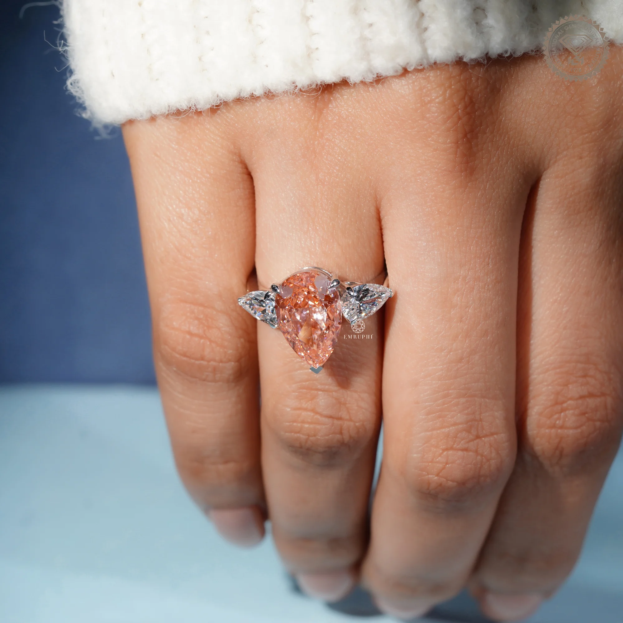 Vivid Pink Pear Cut Lab Grown Diamond Ring, 3 Stone Engagement Ring, IGI Certified Lab Diamond — view 7