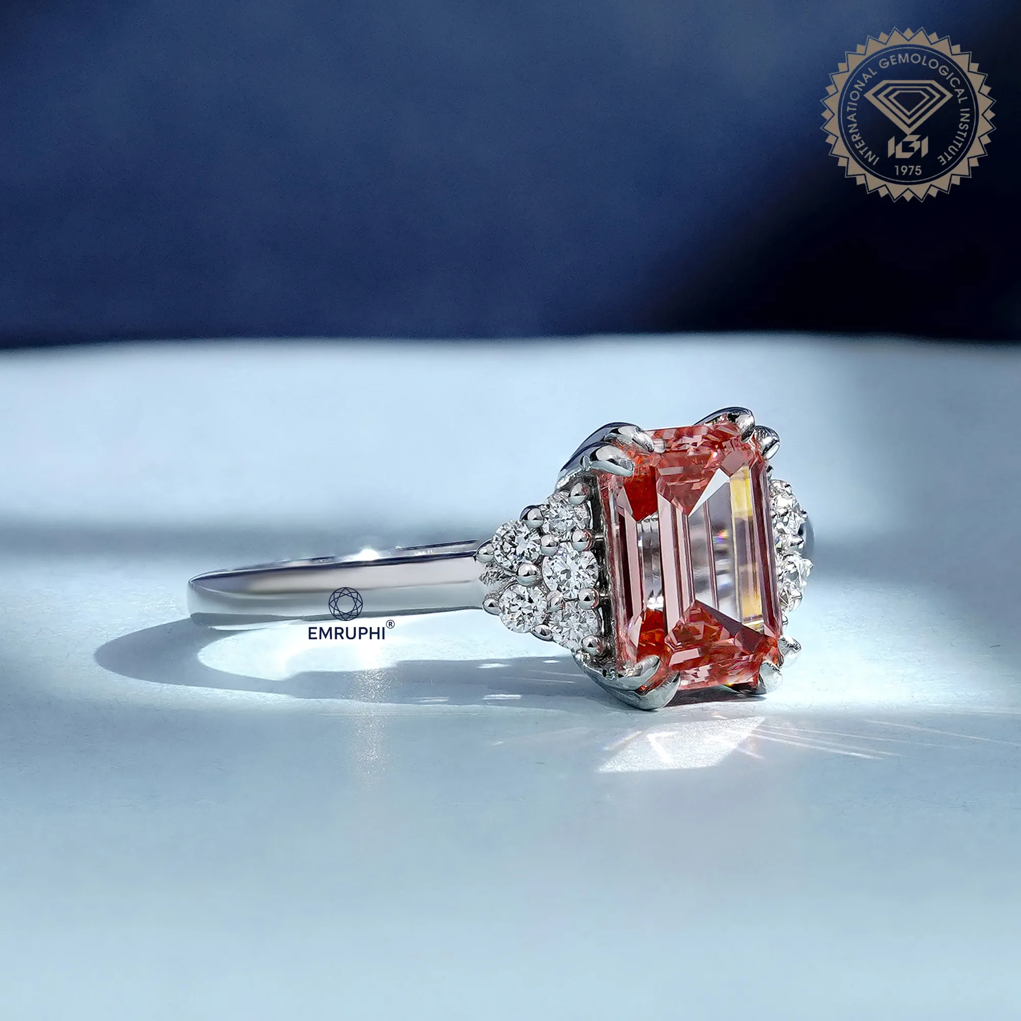 Emerald Cut Vivid Pink Lab-Grown Diamond Cluster Ring, Nature Inspired Ring, Emerald Cluster Ring, Emerald Wedding Ring in 18k Gold — view 3