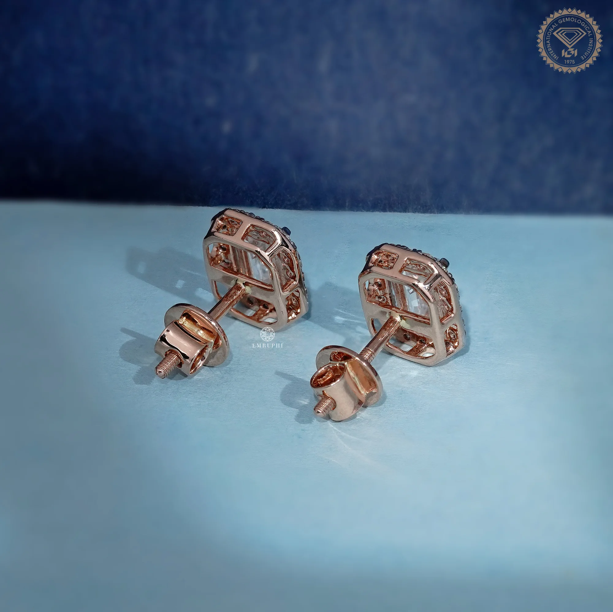 Emerald Cut Lab Grown Diamond Halo Earrings, Rose Gold Two Tone Studs — view 4