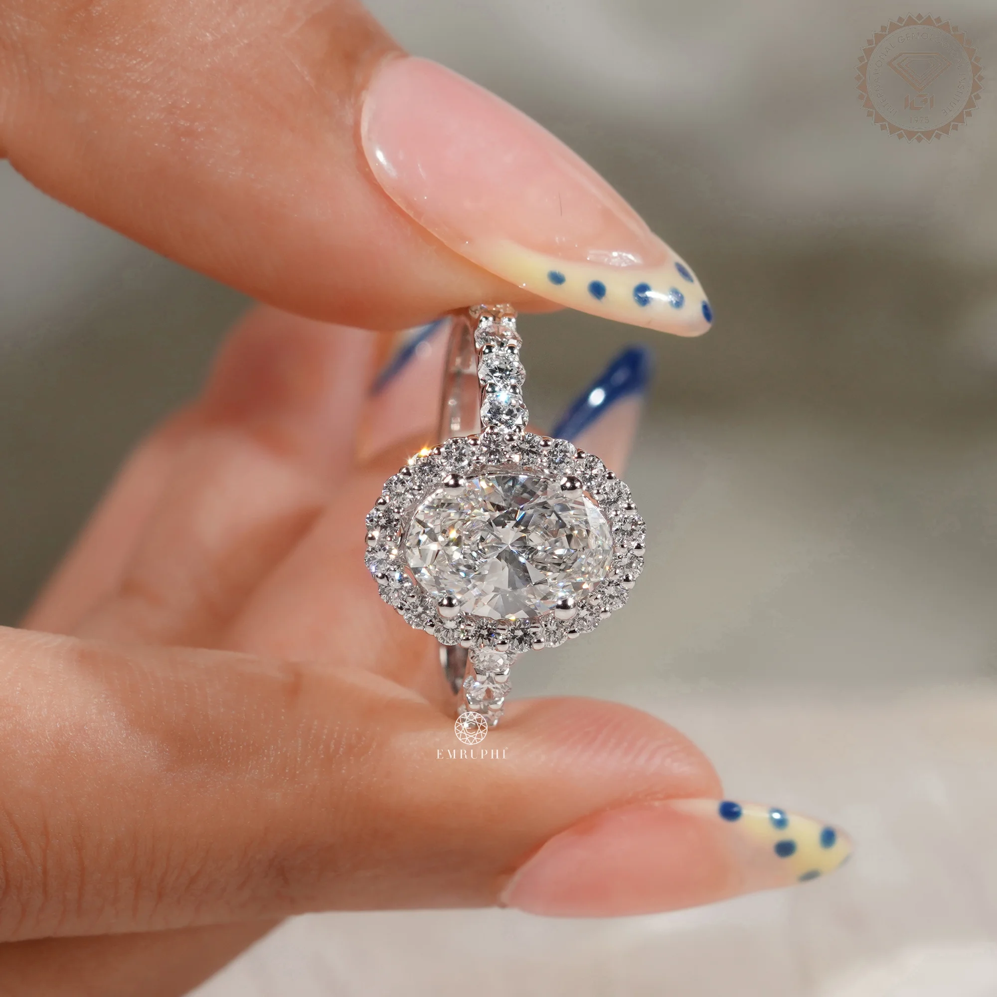 Oval Cut Diamond Halo Engagement Ring, IGI Certified, Pavé Diamond Band, Classic Halo Ring — view 5