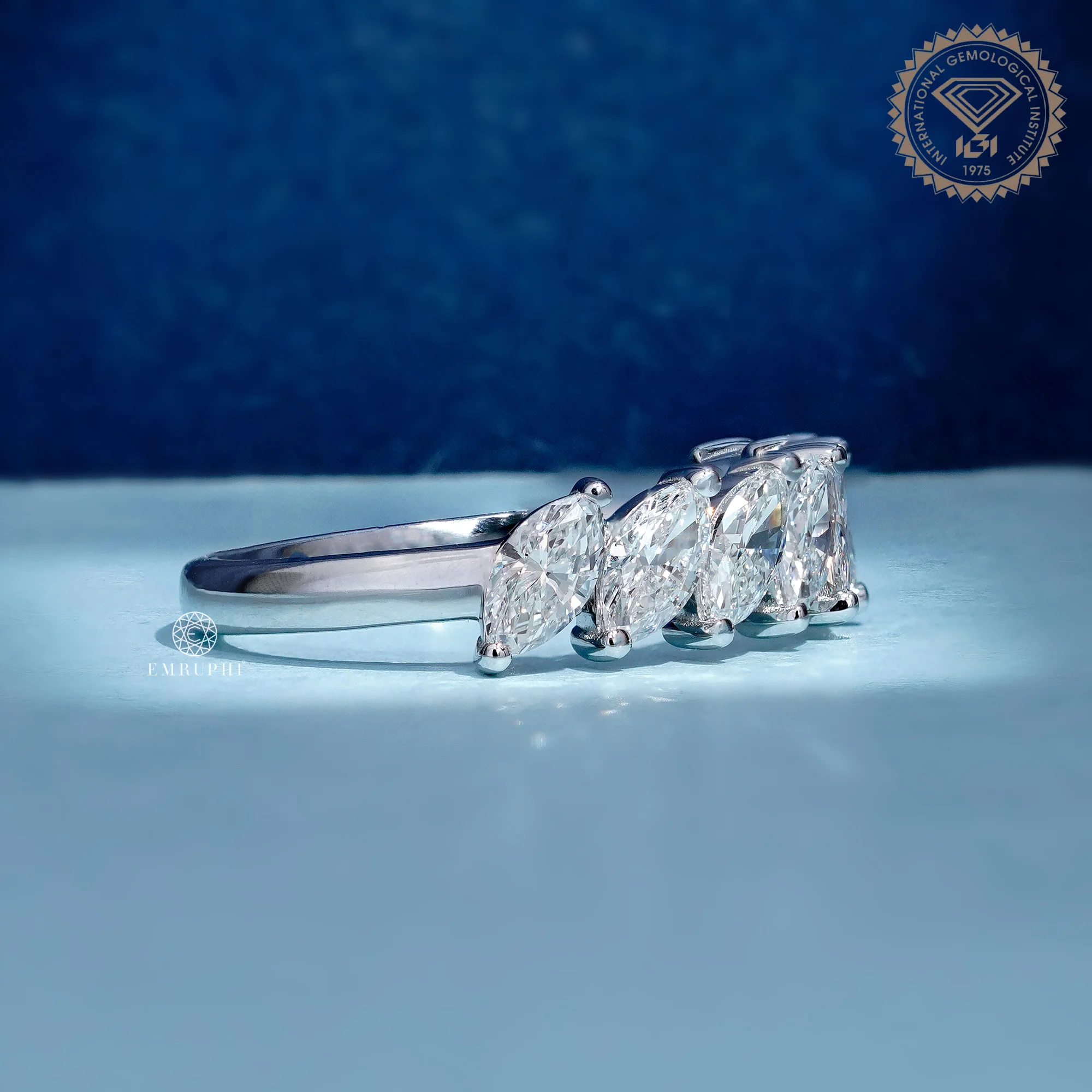 Marquise Cut Lab Grown Diamond Half Eternity Ring, Angled Marquise Wedding Band — view 3