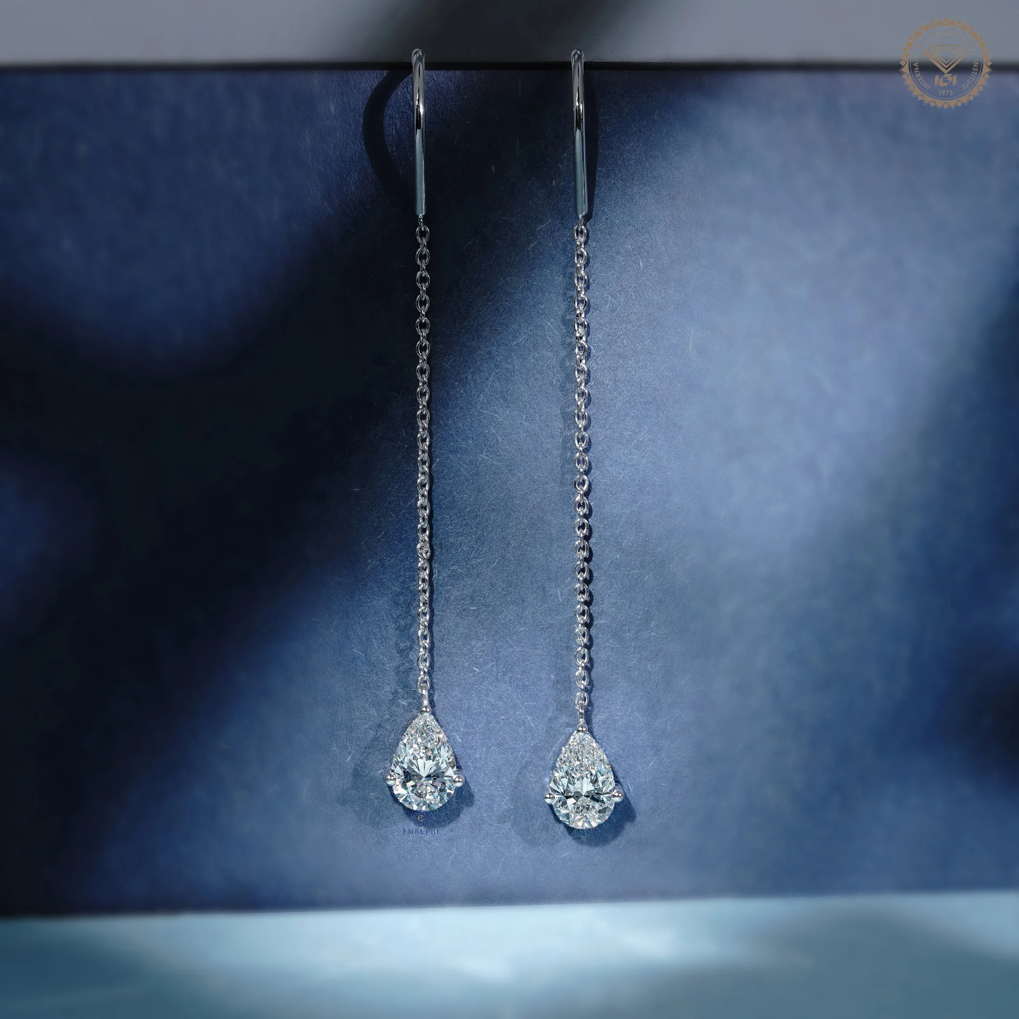 Pear Drop Threader Earrings, White Gold Drop Chain Earrings, Minimalist Long Chain Dangle Earring — view 4