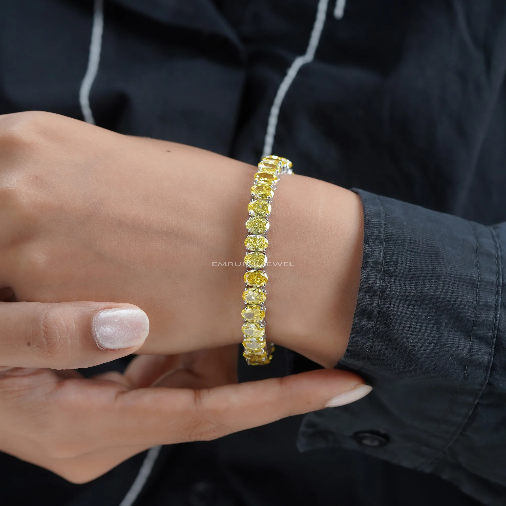 Yellow Oval Lab Grown Diamond Tennis Bracelet, Oval Cut Solitaire Tennis Bracelet in Gold — view 10