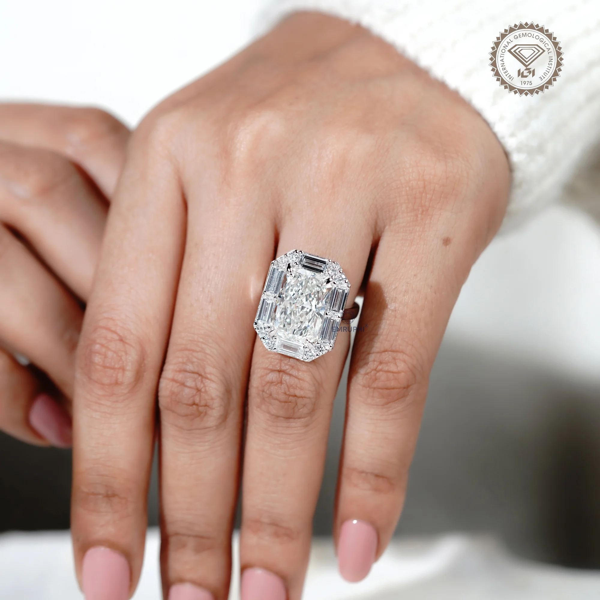Radiant Cut Lab Grown Halo Diamond Ring, Baguette Diamond Halo Wedding Ring, Conflict Free Diamond — view 8