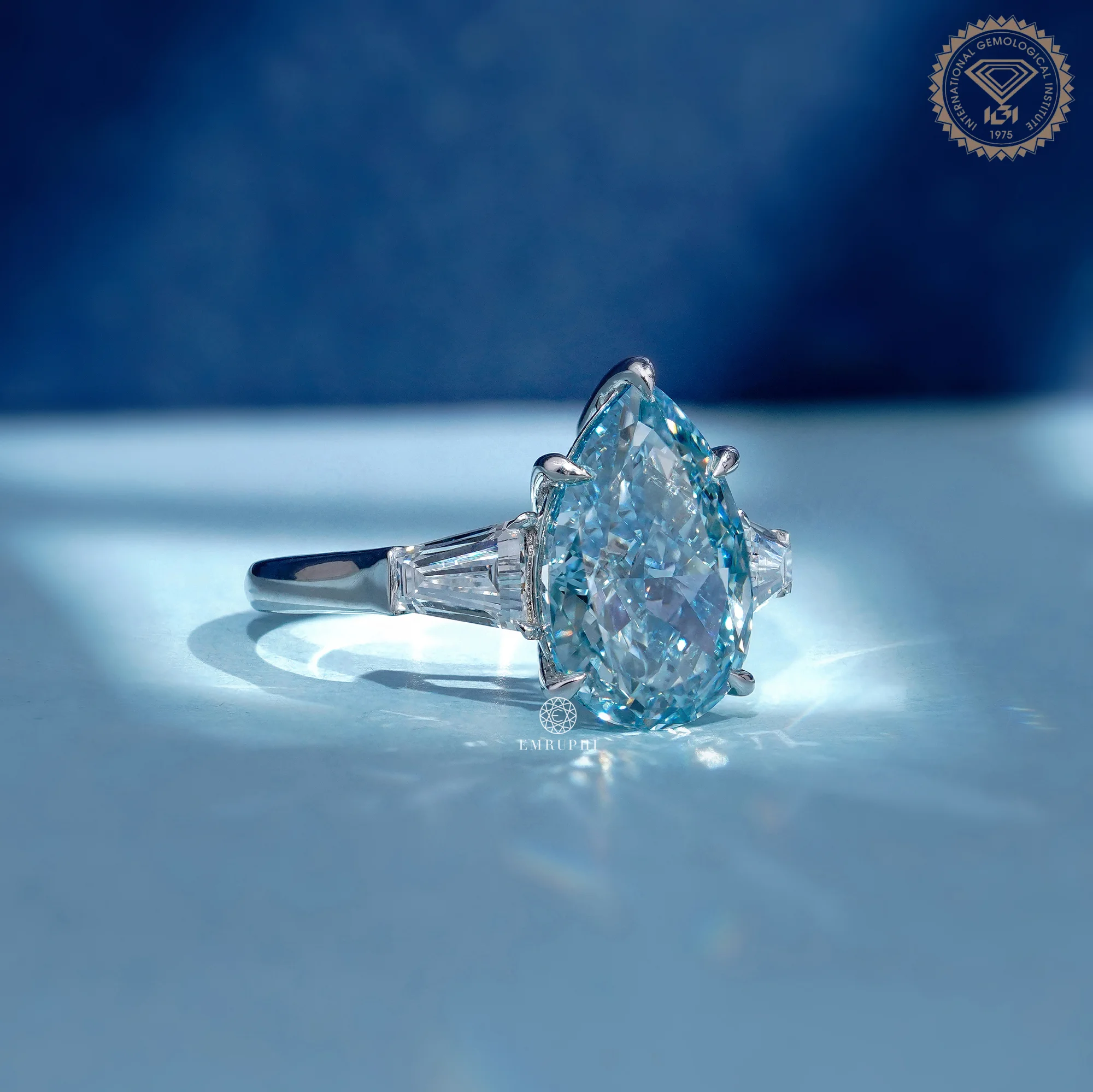 5 CT Vivid Blue Pear Lab Grown Diamond Engagement Ring, Tapered Baguette Side Stones — view 3