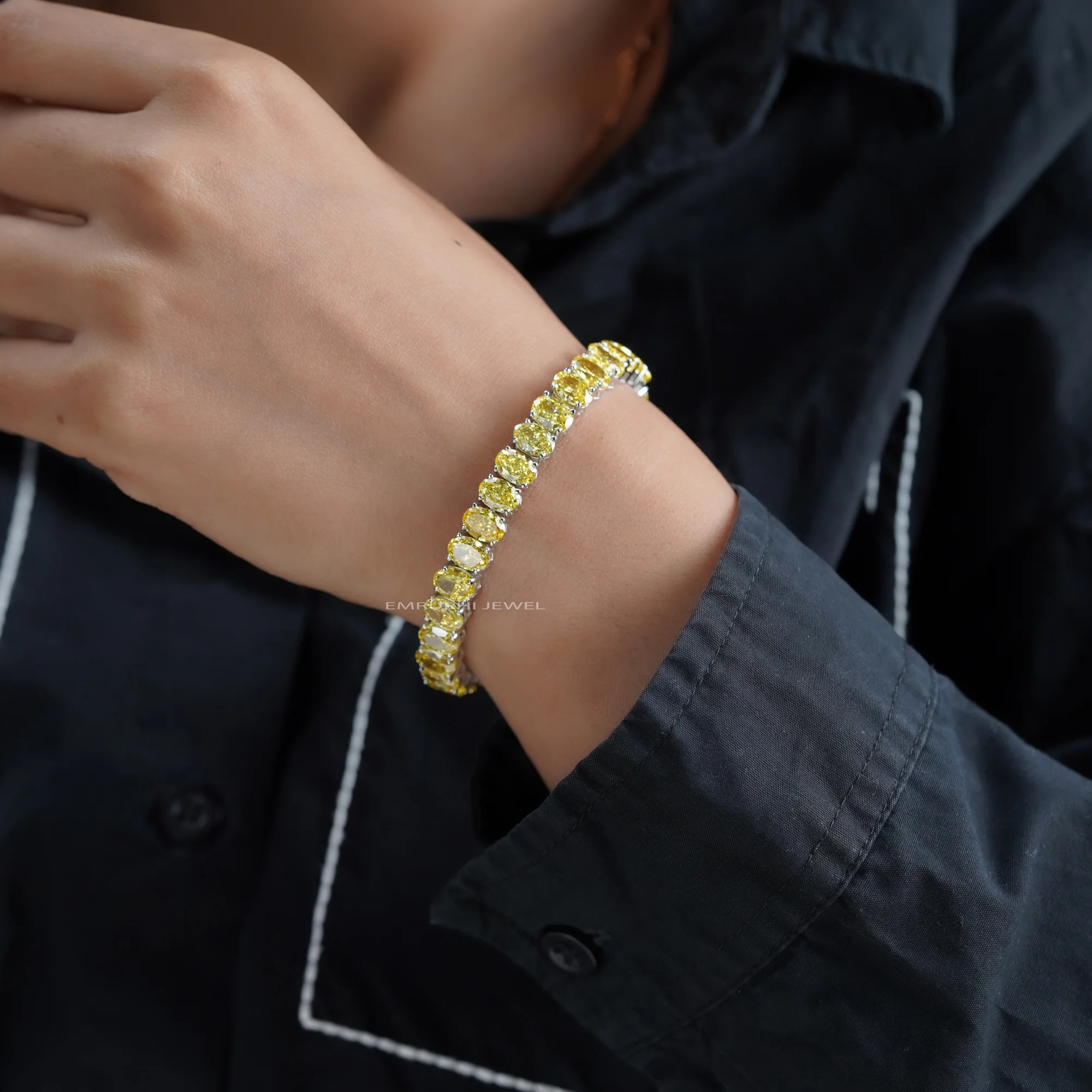 Yellow Oval Lab Grown Diamond Tennis Bracelet, Oval Cut Solitaire Tennis Bracelet in Gold — view 9